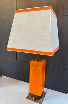 Stilnovo Orange Enamel Table Lamp with Custom Shade, Italy, 1970s