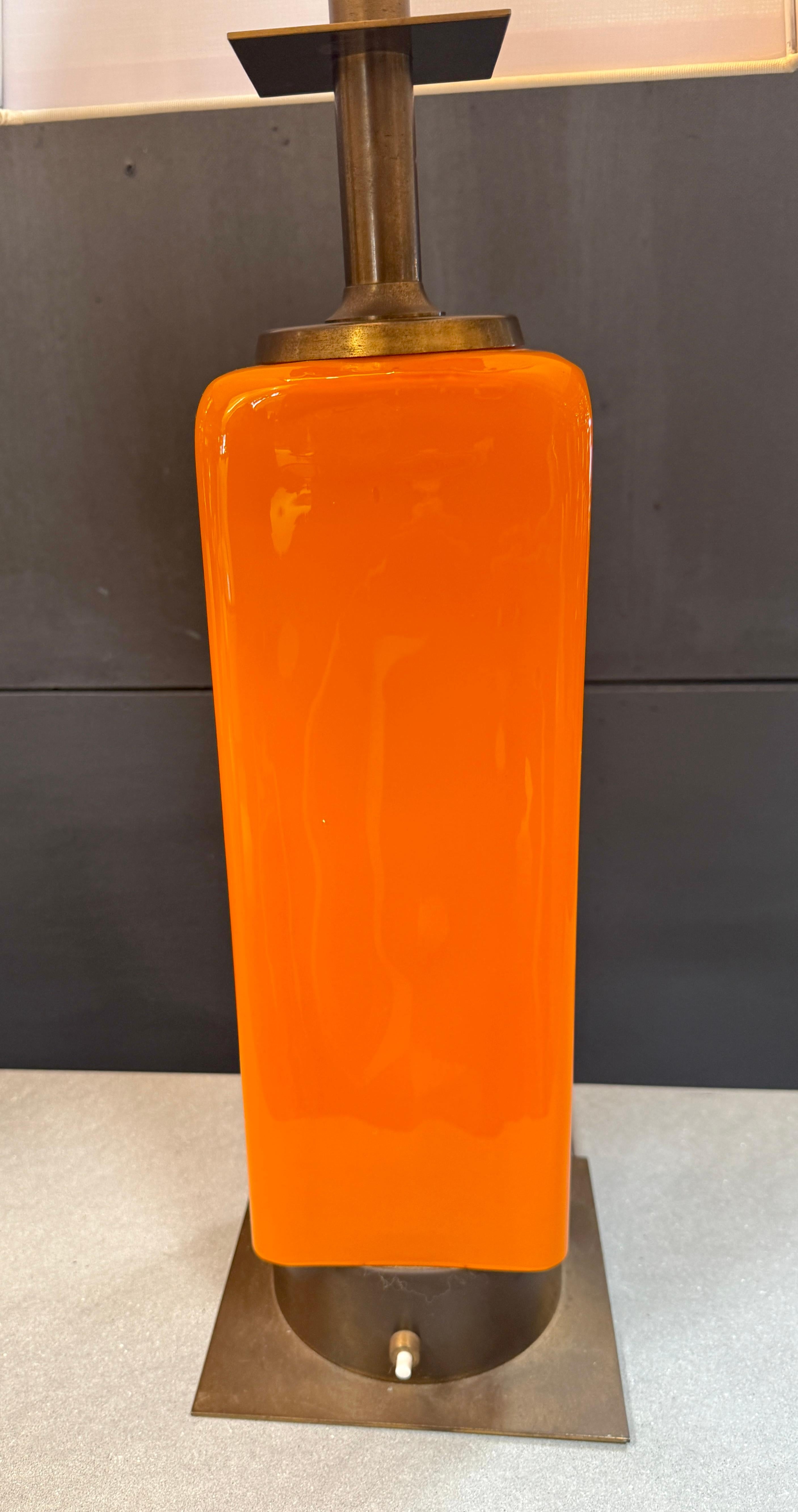 Modern Stilnovo Orange Enamel Table Lamp with Custom Shade, Italy, 1970s For Sale