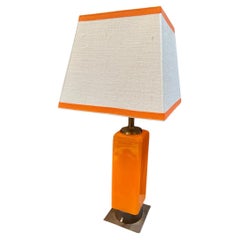 Stilnovo Orange Enamel Table Lamp with Custom Shade, Italy, 1970s