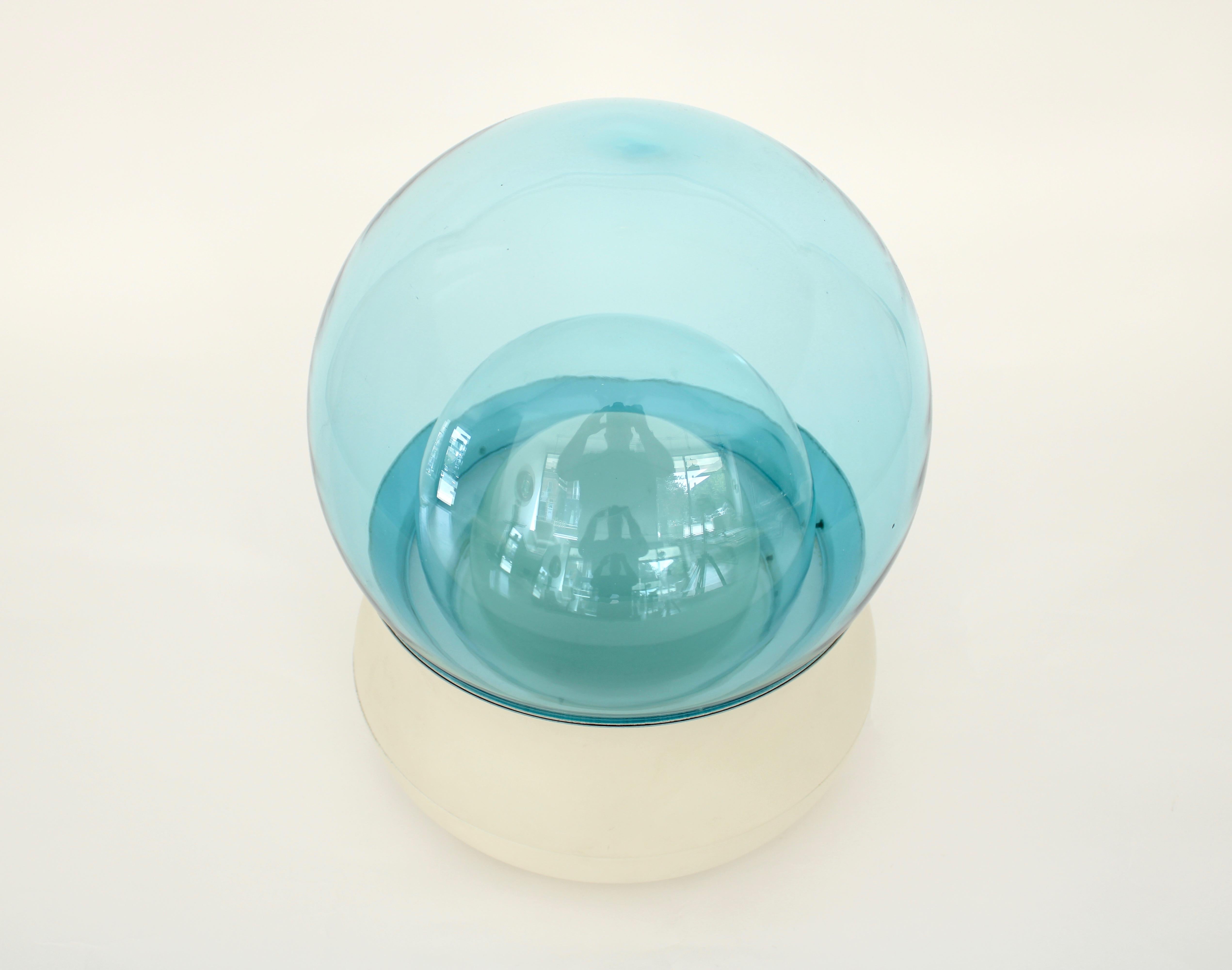Mid-Century Modern Stilnovo Orb Italian Blue Triple Dome Glass Table Lamp Model TL 278