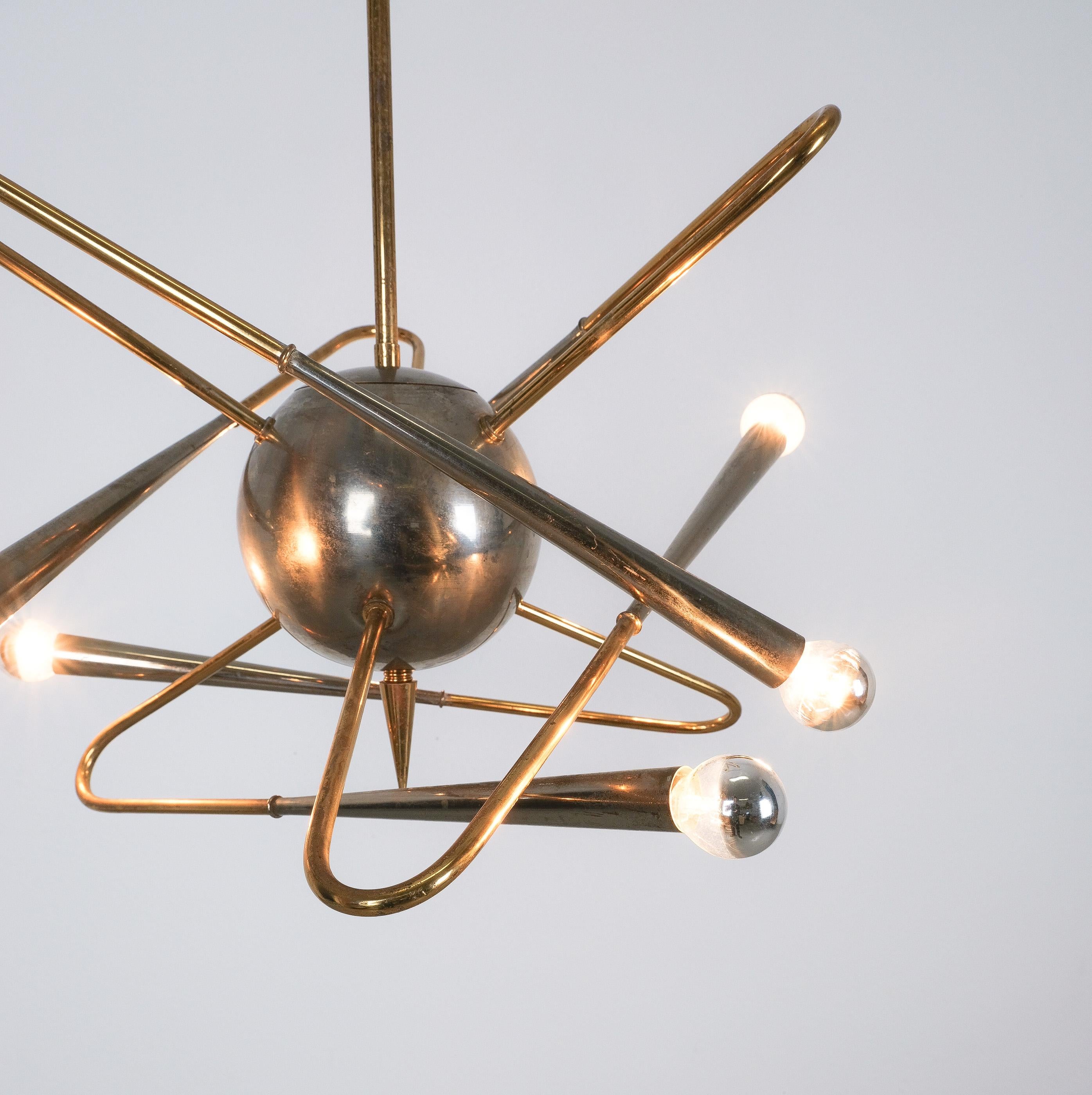 Stilnovo Orbit Chandelier Brass Nickel, Italy, 1955 For Sale 3