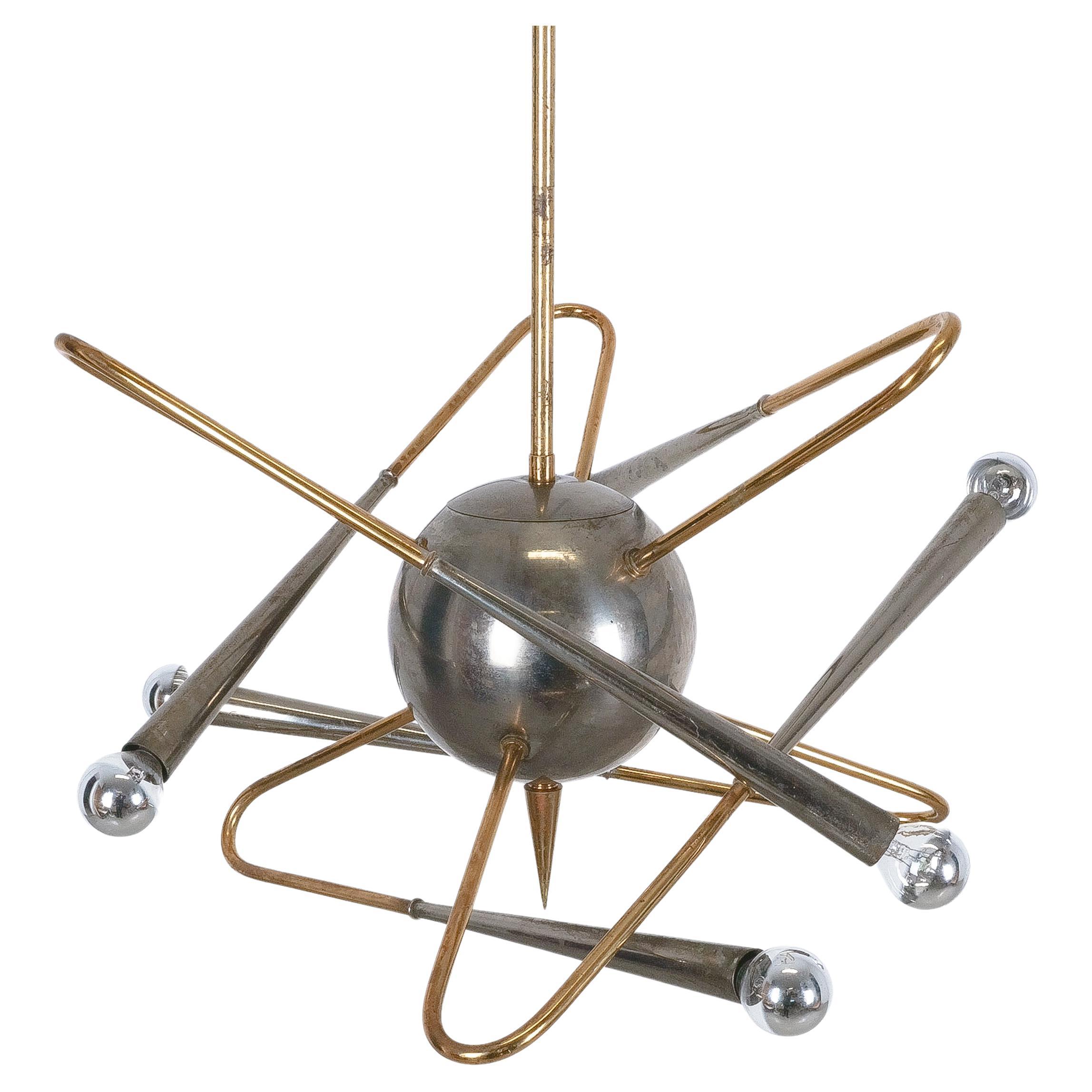 Stilnovo Orbit Chandelier Brass Nickel, Italy, 1955 For Sale