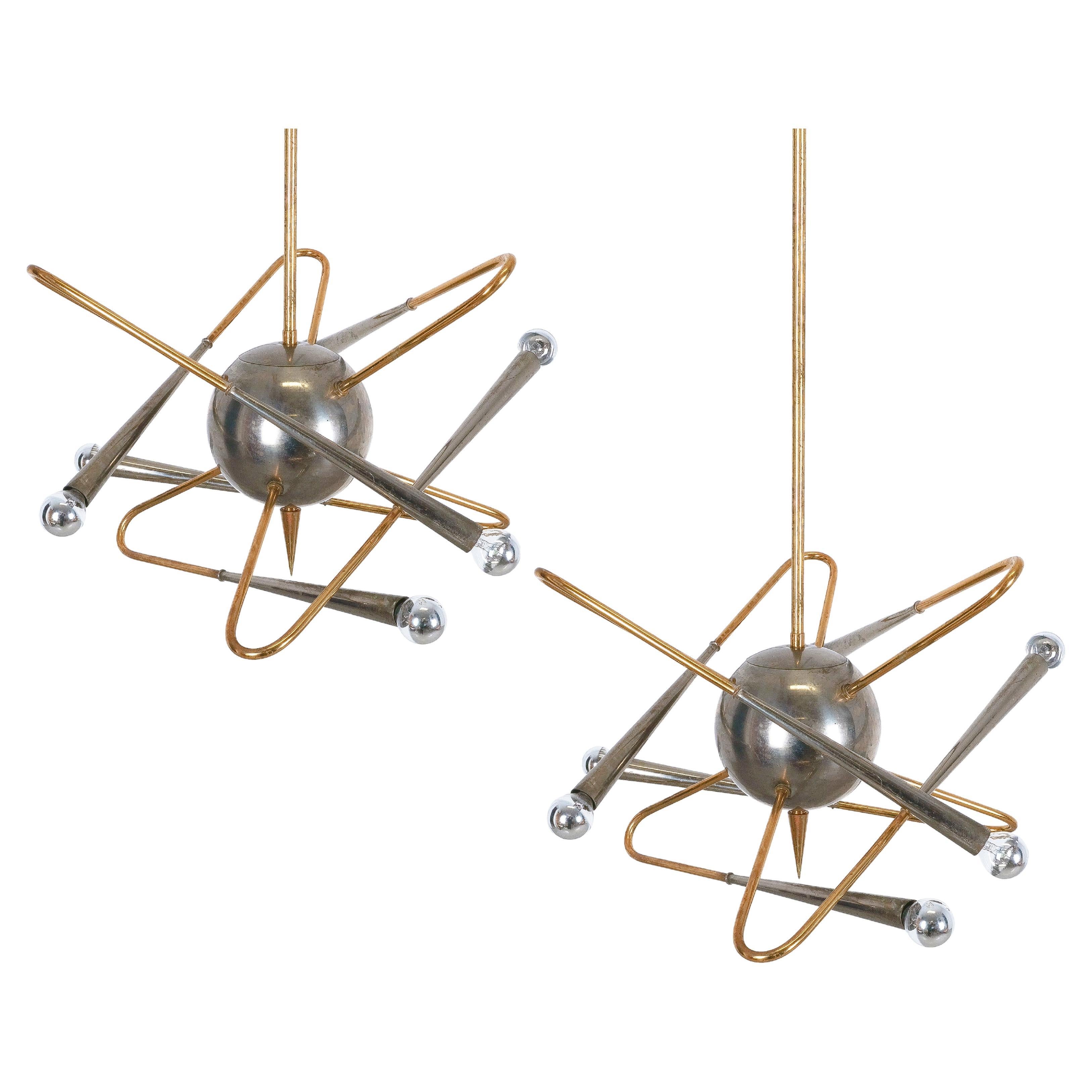 Stilnovo Orbit Sputnik Chandelier Brass Nickel Two Pieces available, Italy, 1955