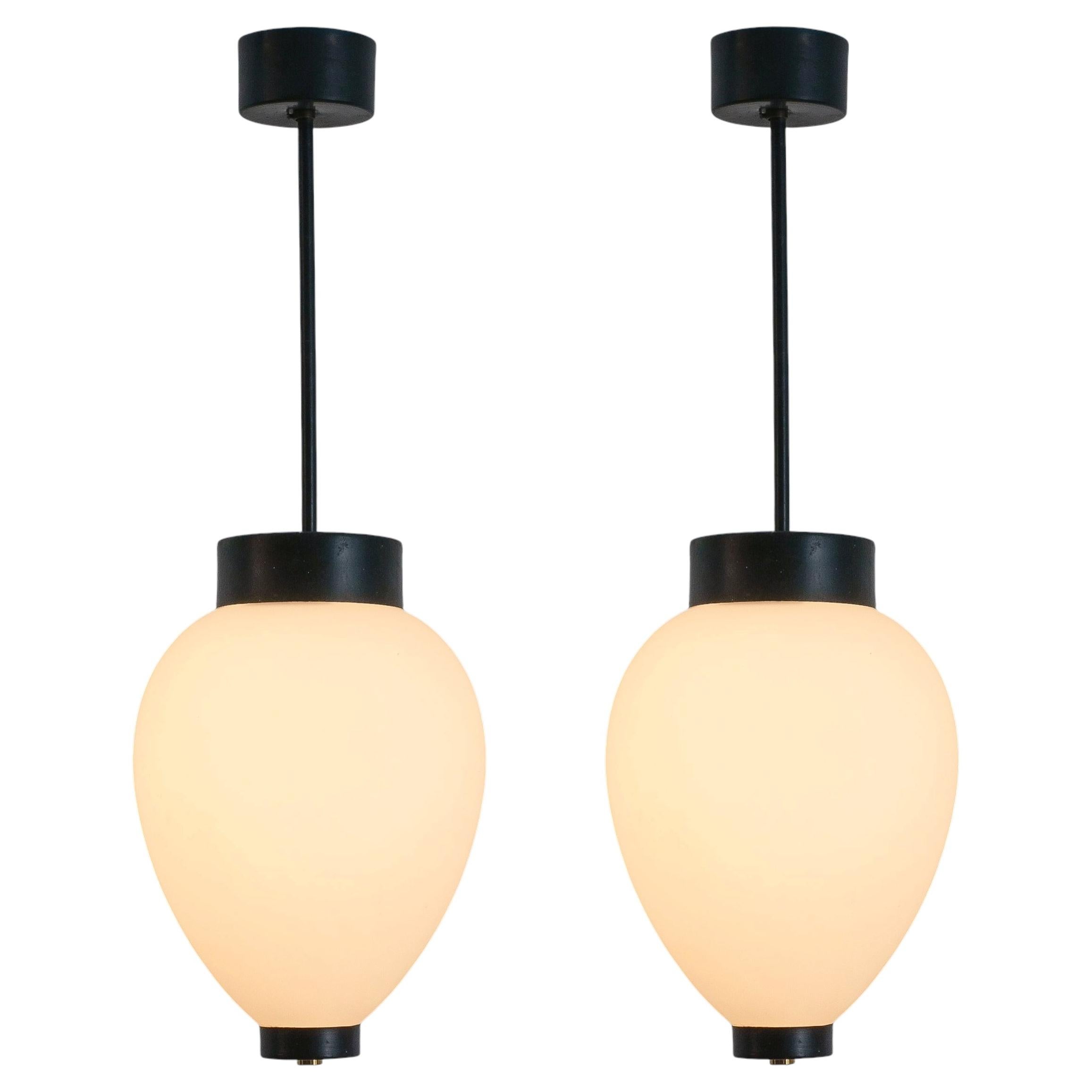 Stilnovo Original Black Opal Glass Pendant Lights (4x), Italy, 1950 For Sale