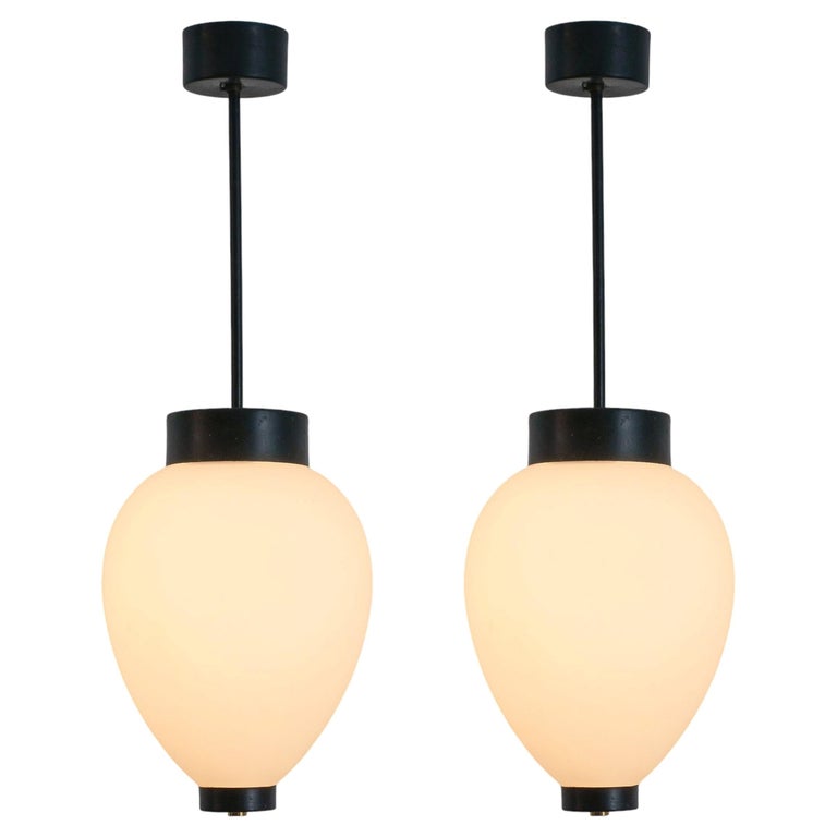 Stilnovo Original Black Opal Glass Pendant Lights (4x), Italy, 1950