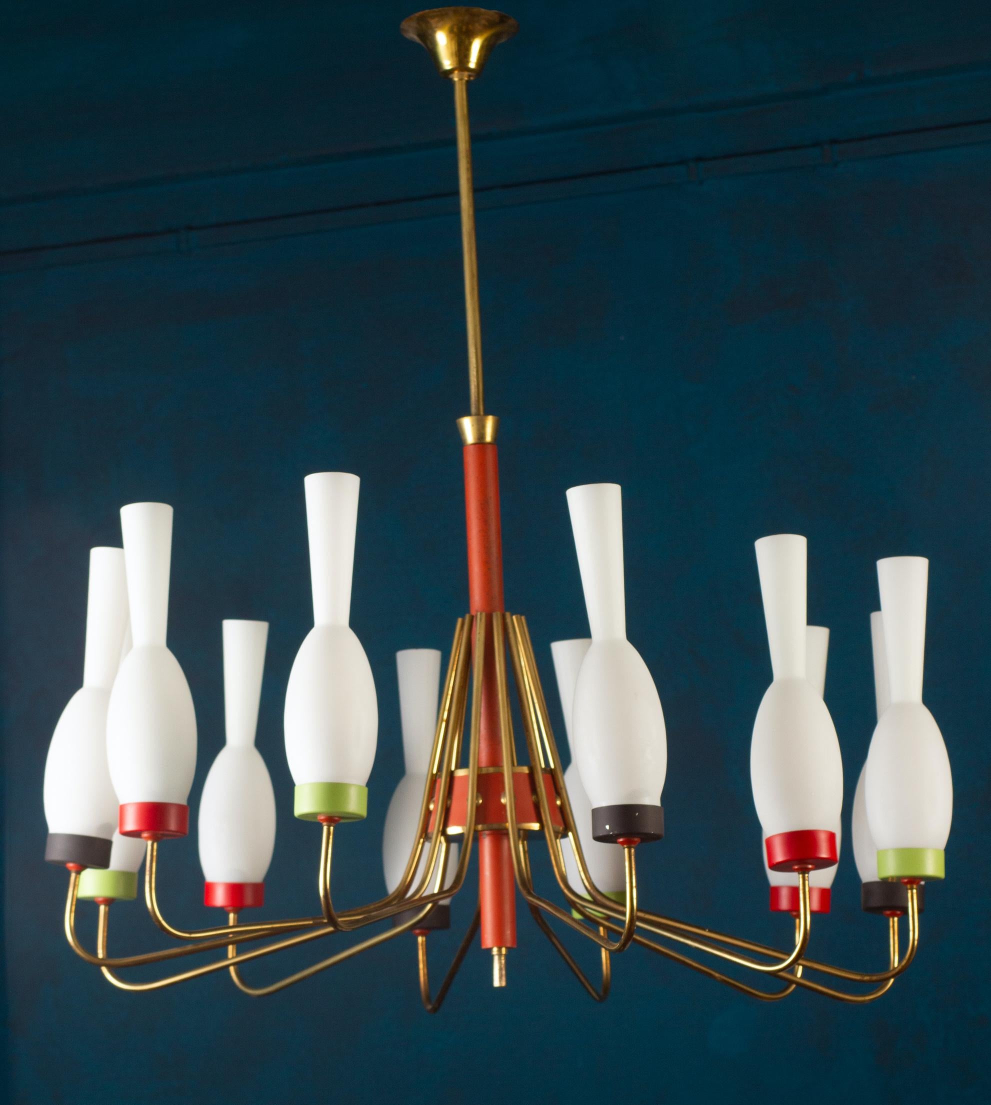 Large original Stilnovo opaline glass and brass chandelier 1950’. The frame with central red insert , upturned Opaline Murano Glass shades with light green and red ad black shade cups. 
Height 85 cm 
Width 81 cm 
Features 12 Lights 
Requires E14