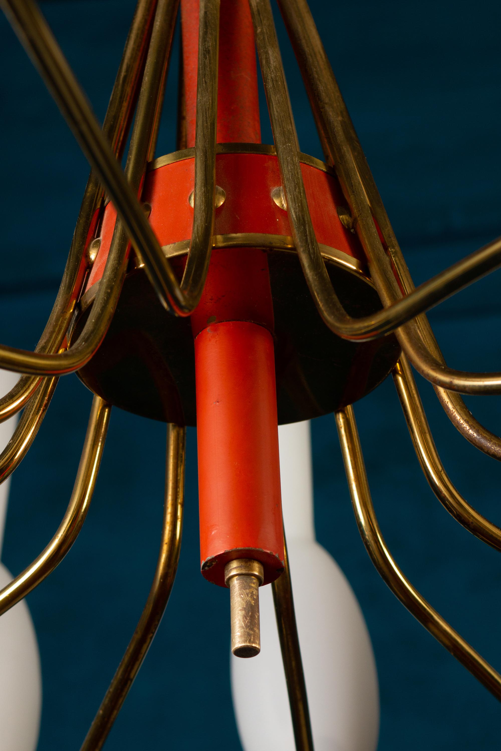 Original Brass and Murano Glass Chandelier Attr. to Stilnovo Italy, 1950s For Sale 2