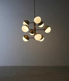 Stilnovo Original Brass Opaline Glass Orbit Sputnik Chandelier, Italy, 1950