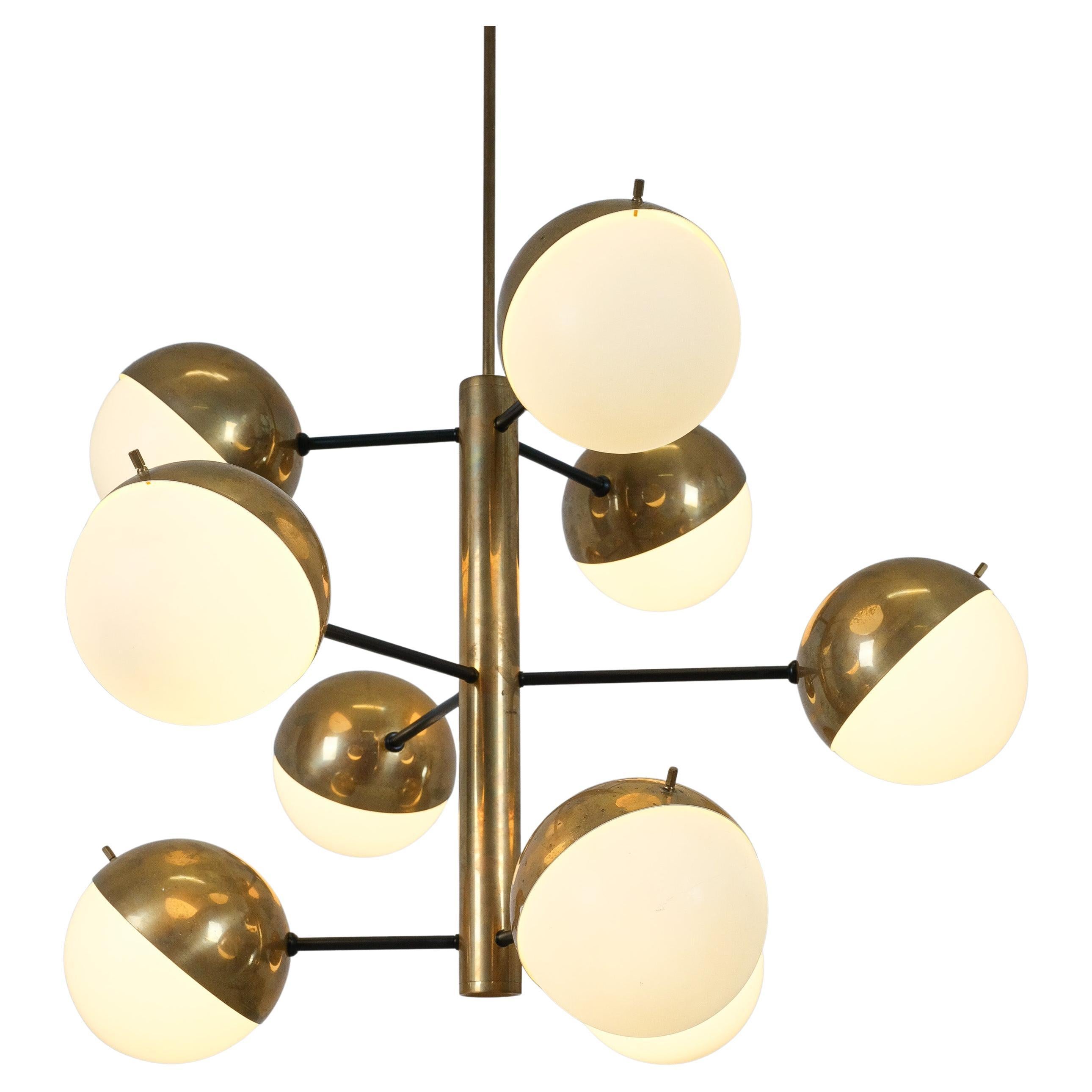 Stilnovo Original Brass Opaline Glass Orbit Sputnik Chandelier, Italy, 1950