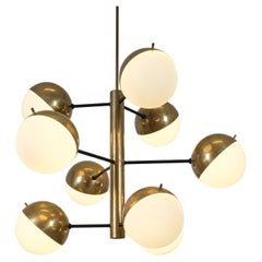 Stilnovo Original Brass Opaline Glass Orbit Sputnik Chandelier, Italy, 1950