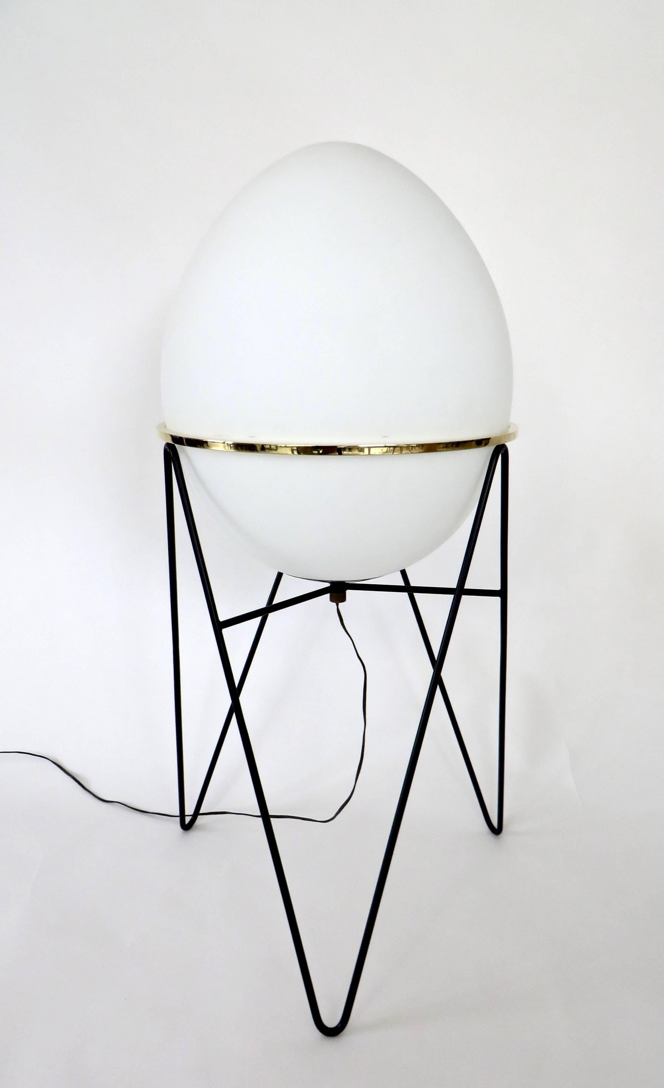 Italian Stilnovo Pair of Egg or Novo Opaque Glass and Iron Frame Floor Lamps