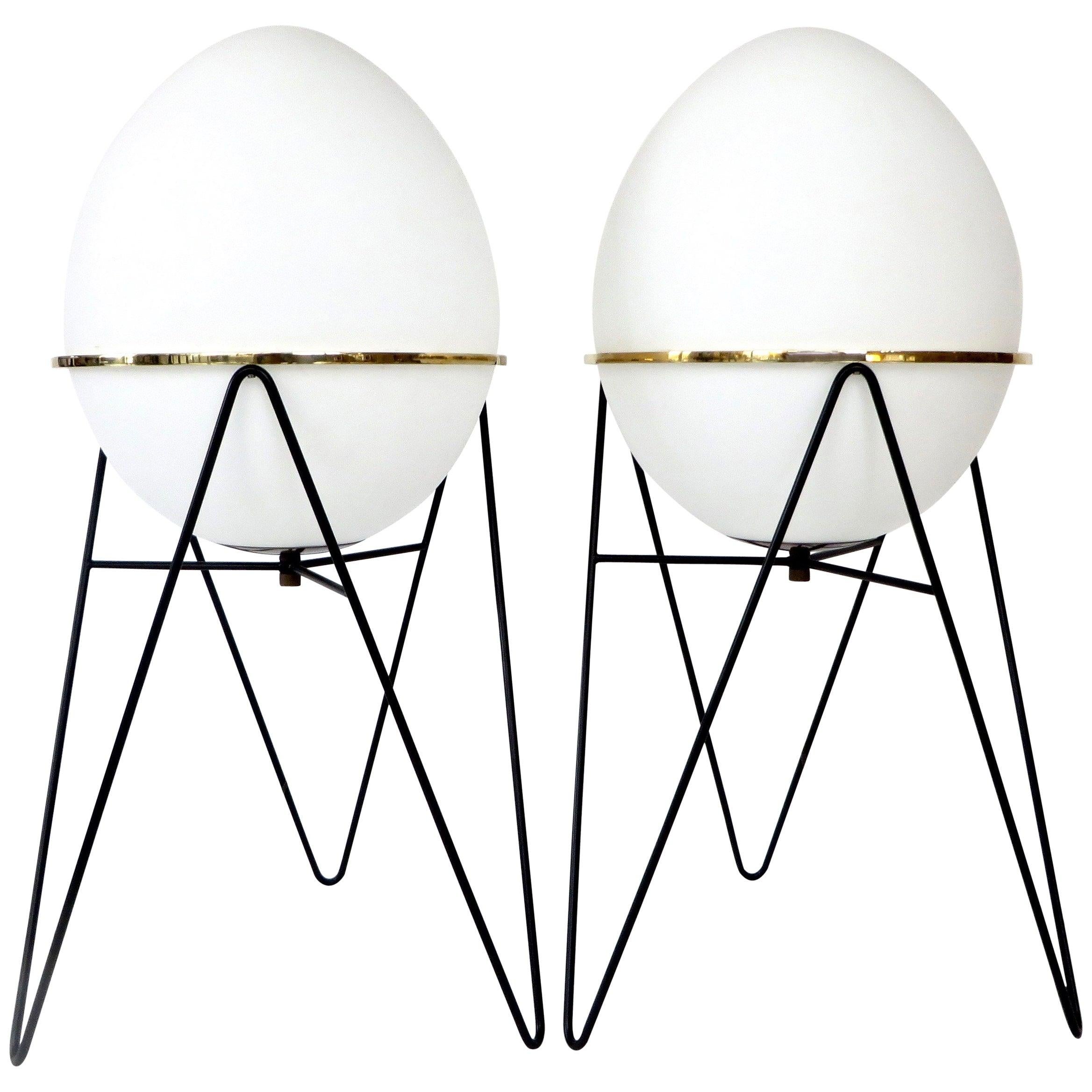 Stilnovo Pair of Egg or Novo Opaque Glass and Iron Frame Floor Lamps