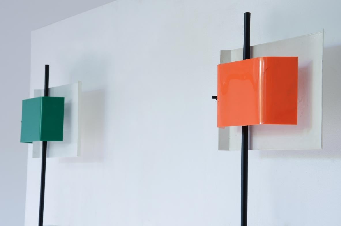Mid-Century Modern Stilnovo pair of large wall lights in metal with colored perplex fan For Sale