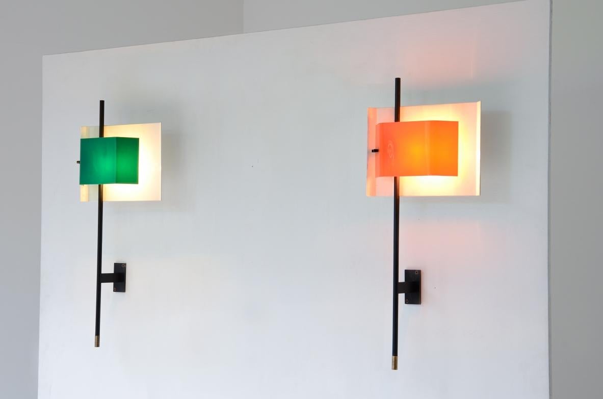 20th Century Stilnovo pair of large wall lights in metal with colored perplex fan For Sale