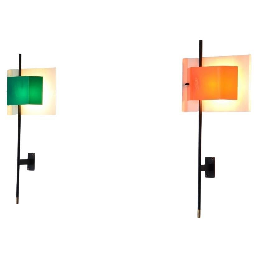 Stilnovo pair of large wall lights in metal with colored perplex fan For Sale