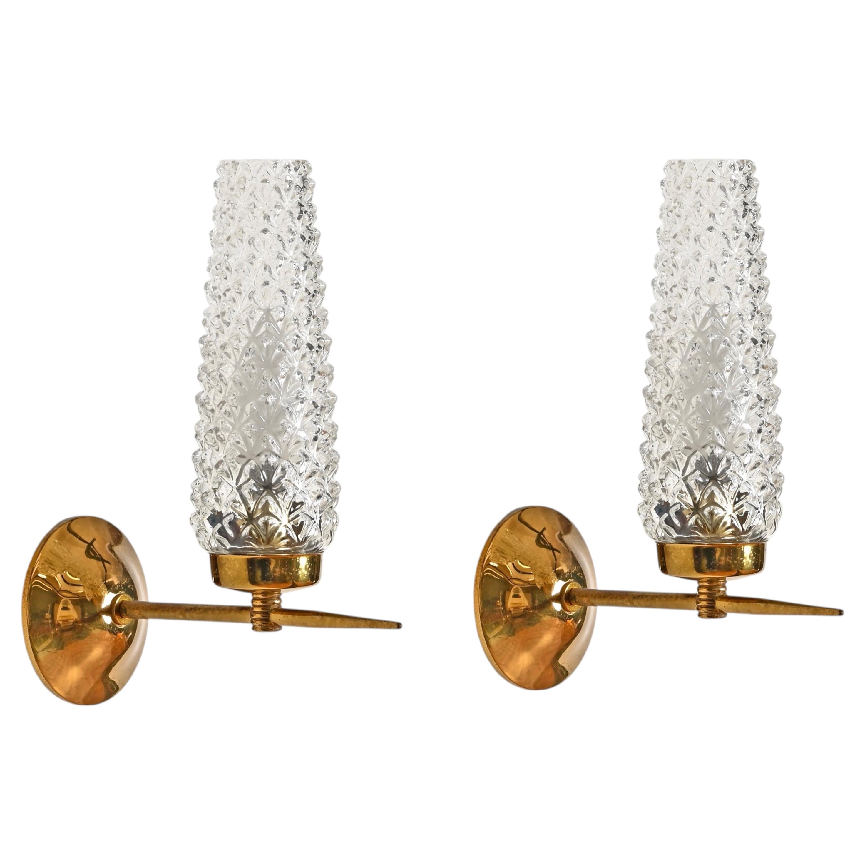 Stilnovo Pair of Murano Glass and Brass Sconces, Italy 1950s