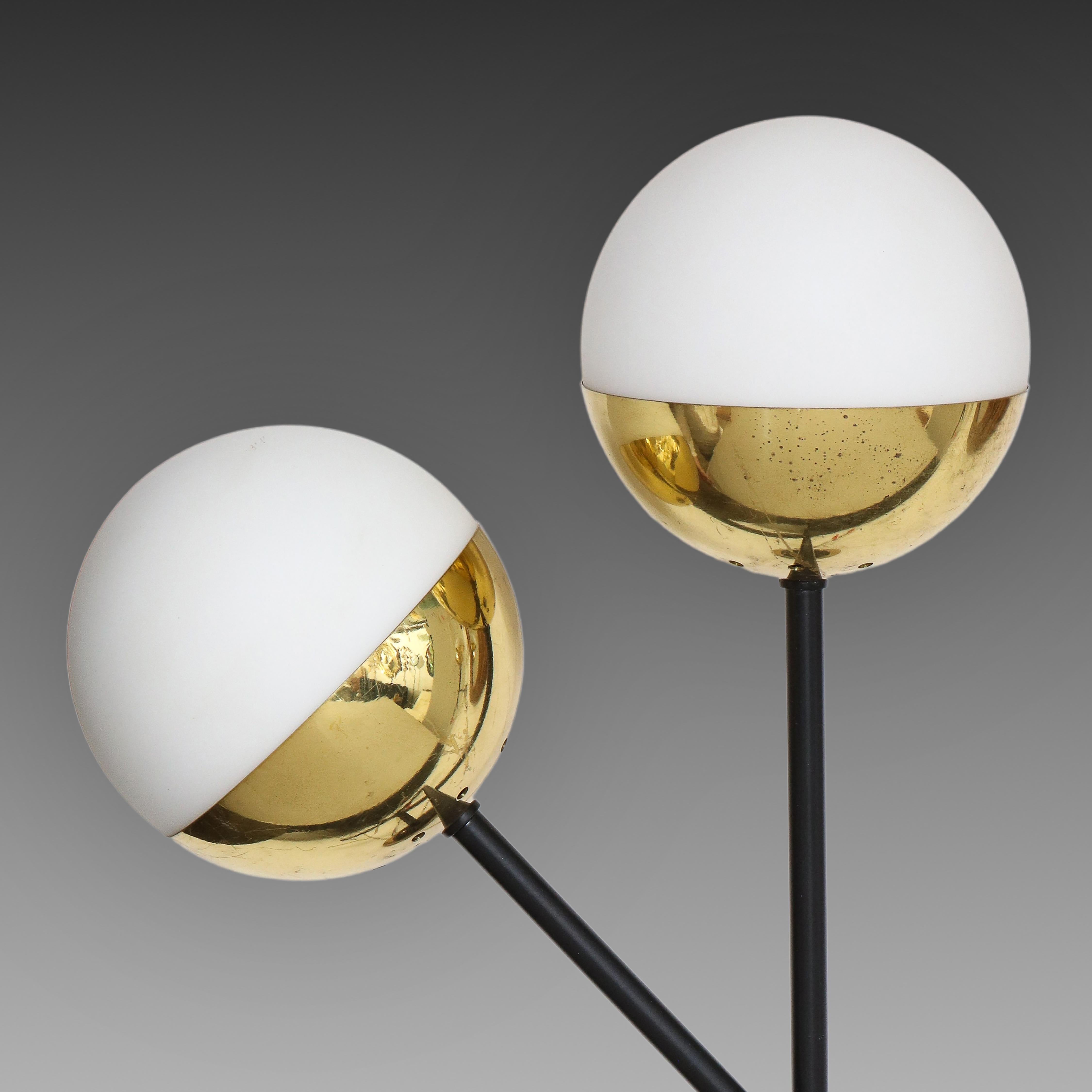 Mid-Century Modern Stilnovo Pair of Modernist Brass and Opaque Glass Sconces For Sale