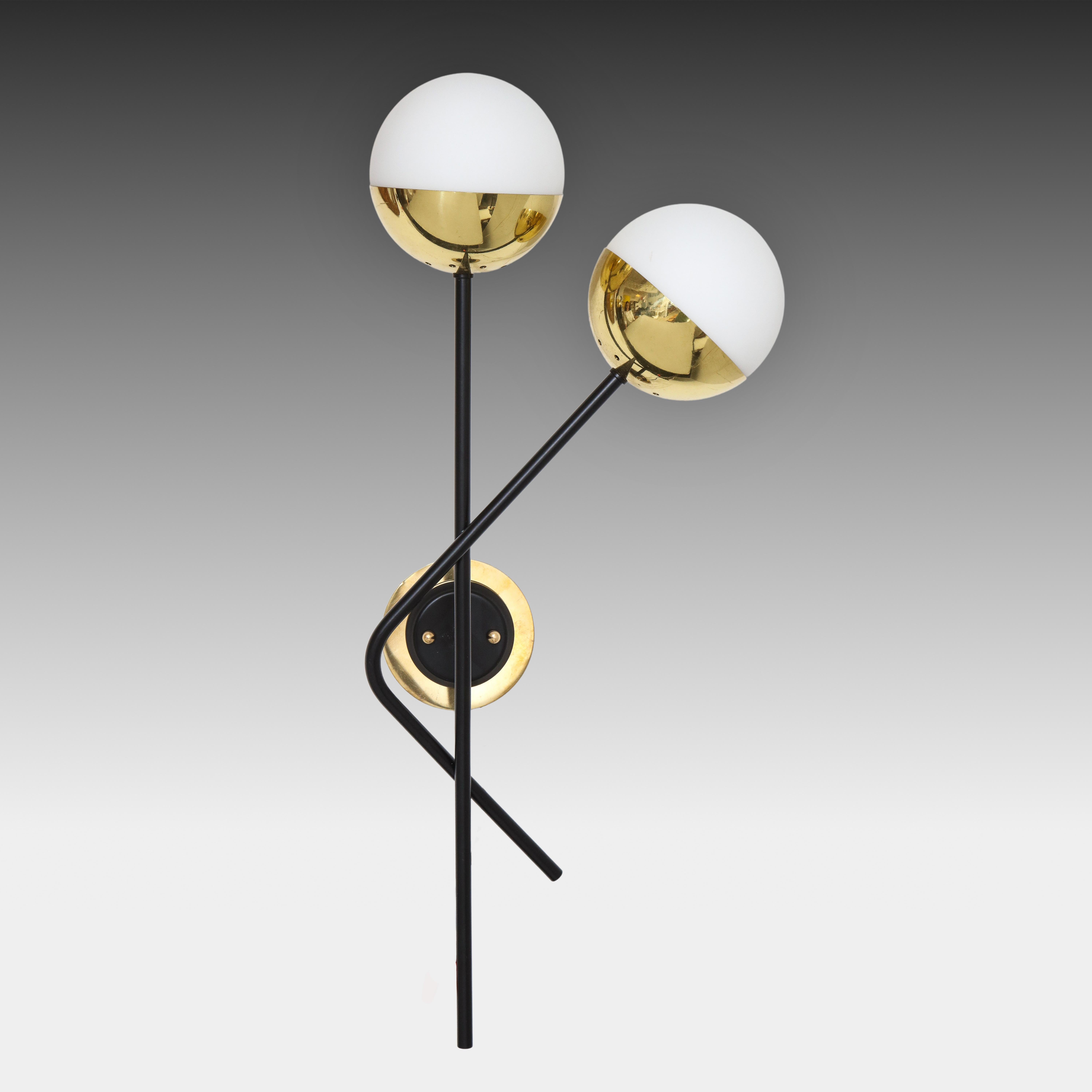 Frosted Stilnovo Pair of Modernist Brass and Opaque Glass Sconces For Sale
