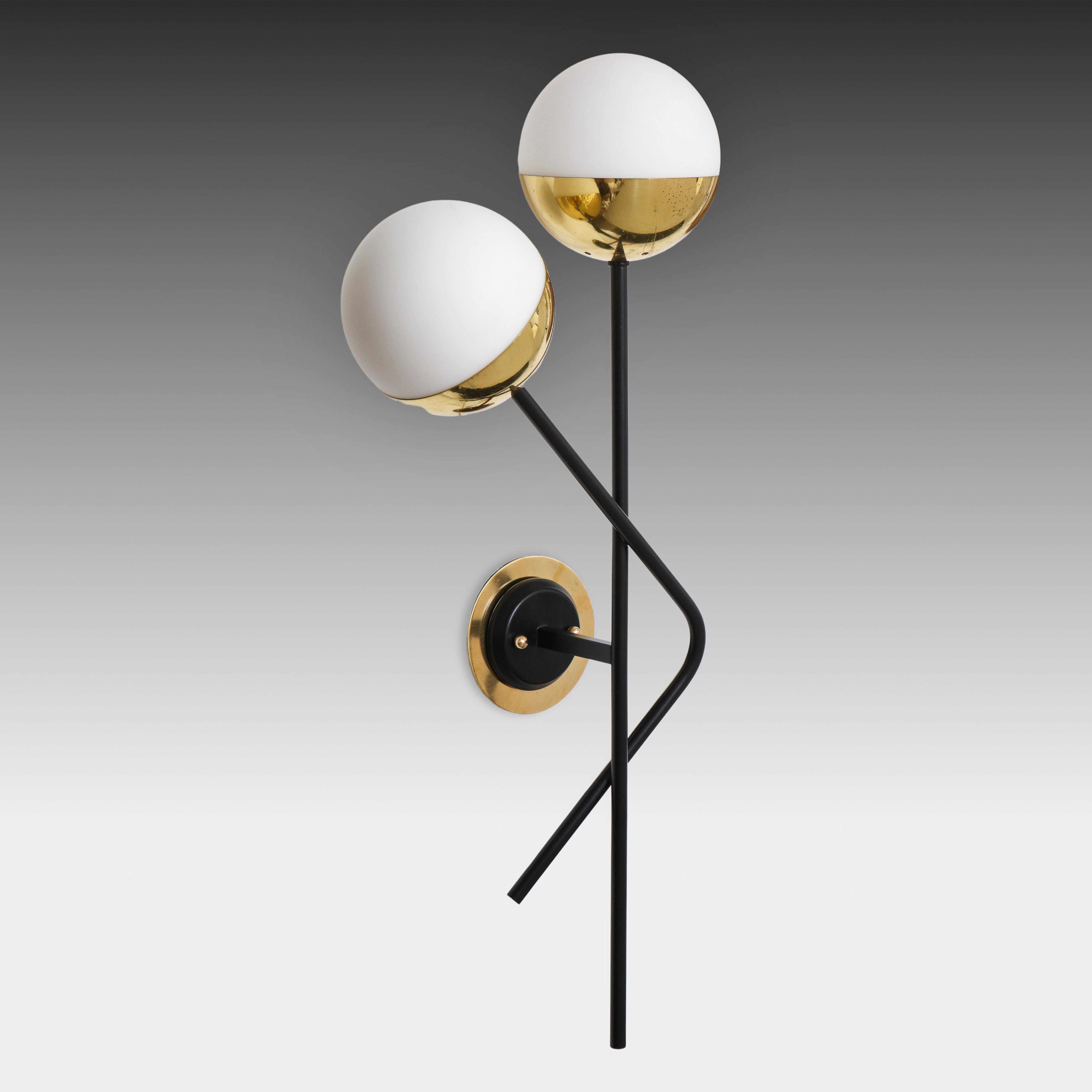 Stilnovo Pair of Modernist Brass and Opaque Glass Sconces For Sale 1