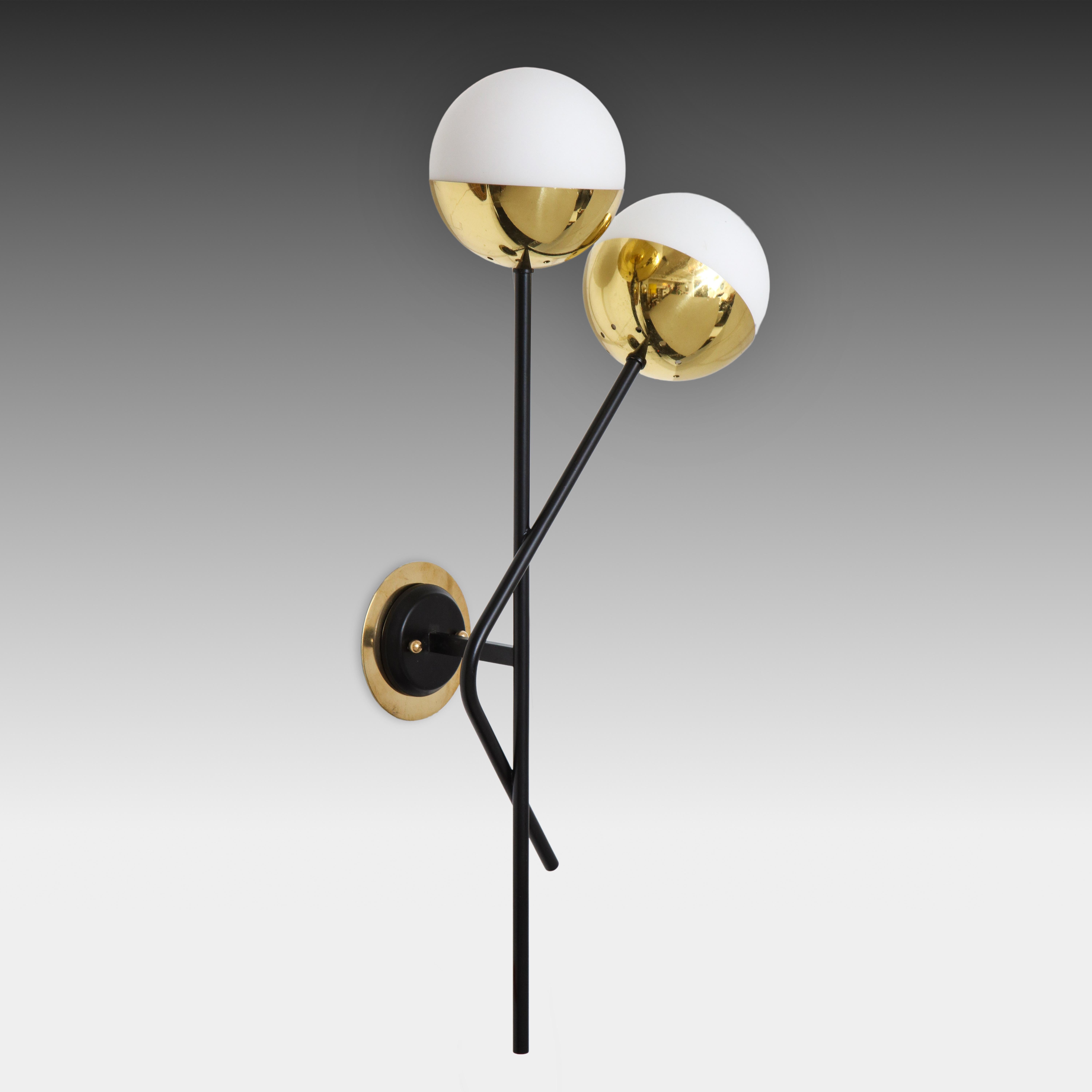 Stilnovo Pair of Modernist Brass and Opaque Glass Sconces For Sale 2