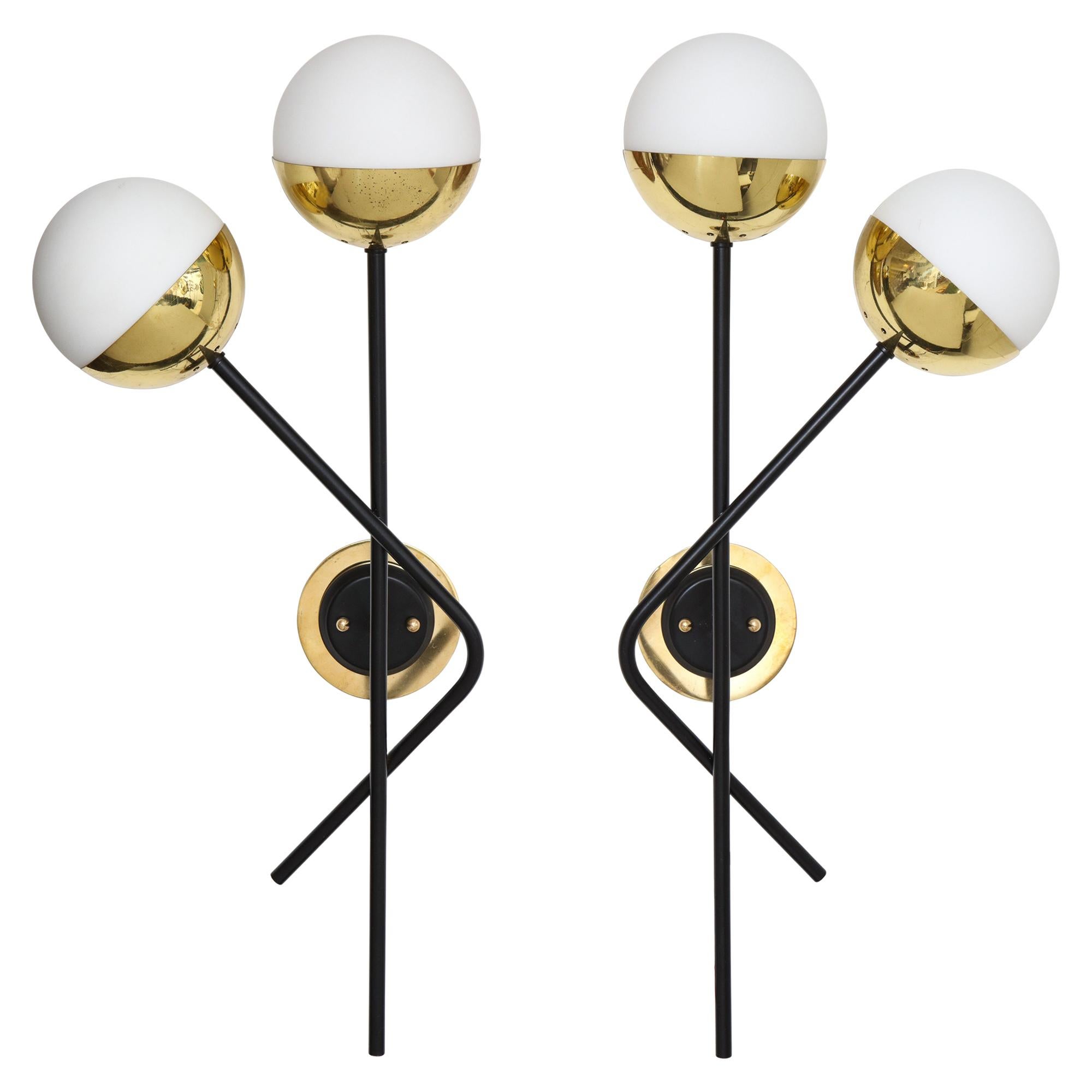 Stilnovo Pair of Modernist Brass and Opaque Glass Sconces For Sale