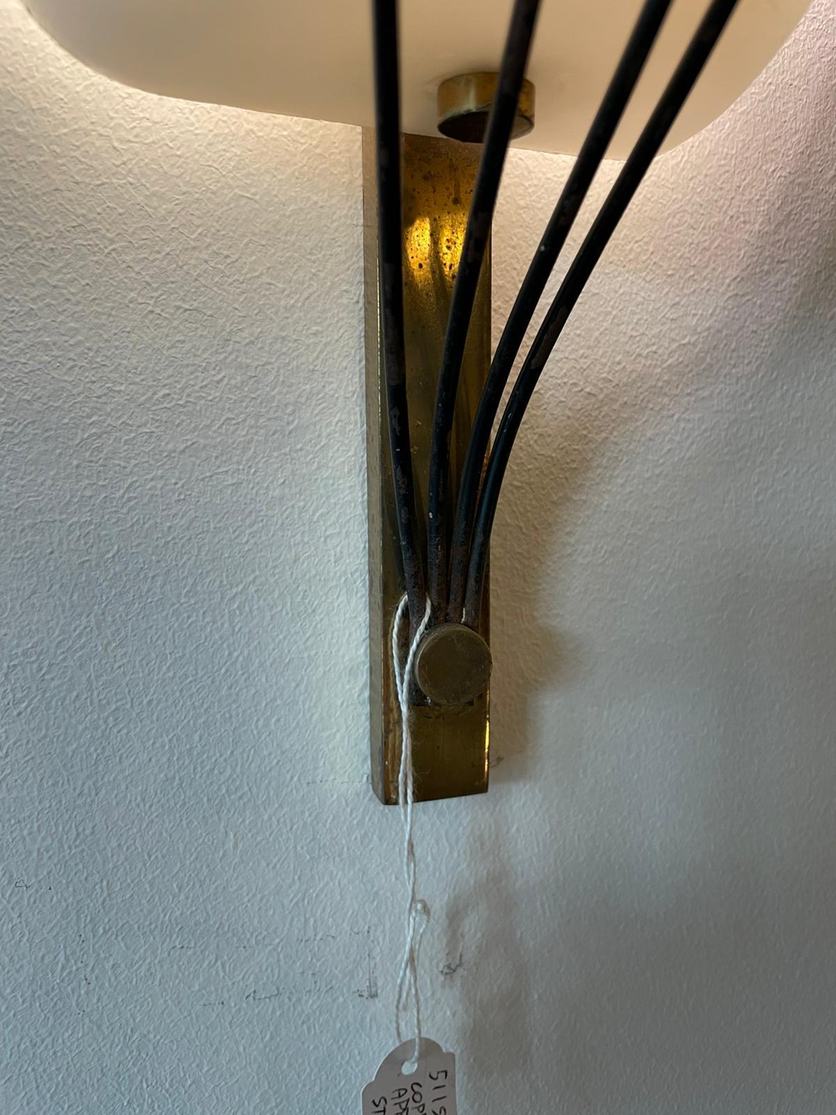 Italian Stilnovo Style Pair Wall Lamp White Opalin Glass and Brass Italy Patina 1950