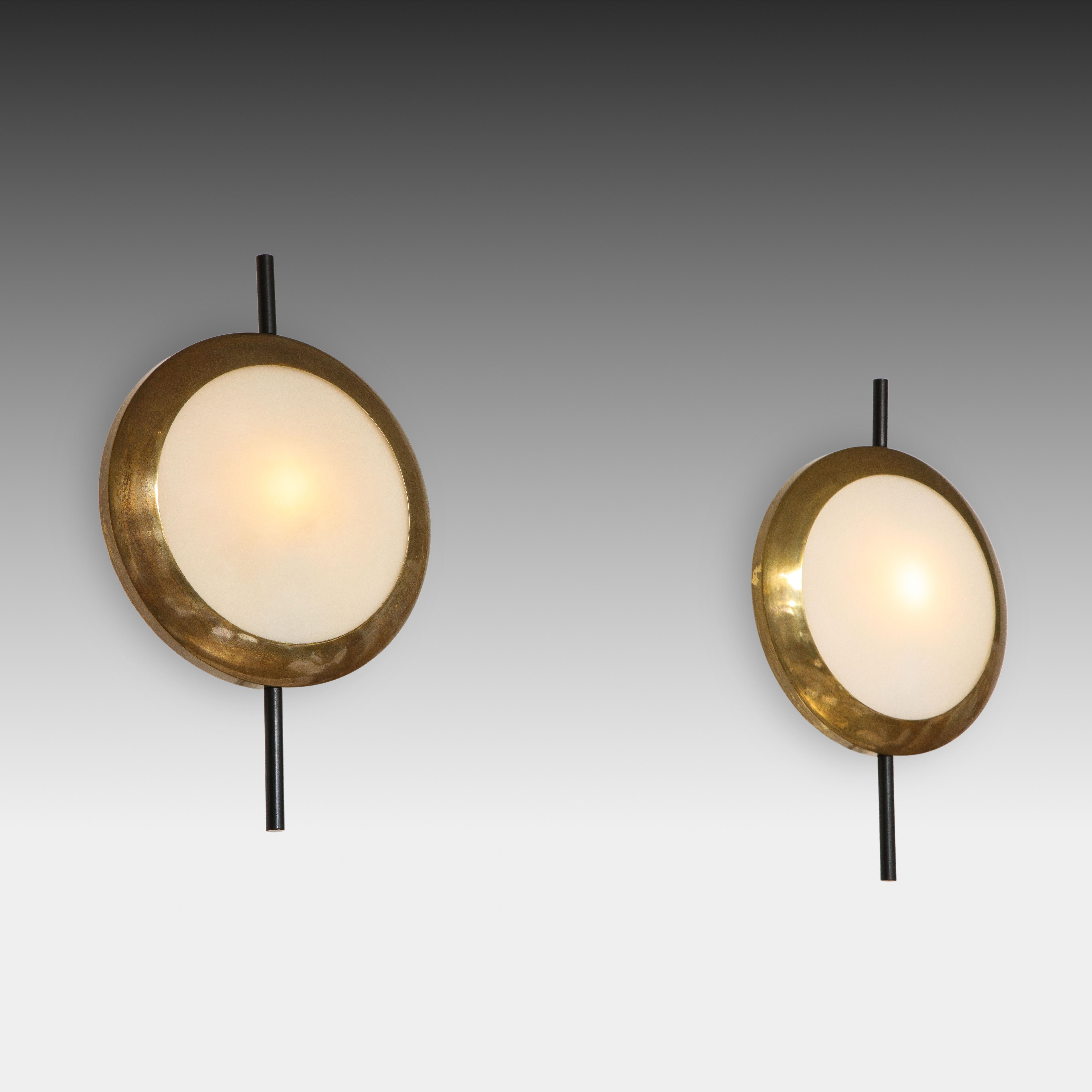 Mid-Century Modern Stilnovo Rare Pairs of Sconces in Brass and Opaline Glass, Italy, 1950s