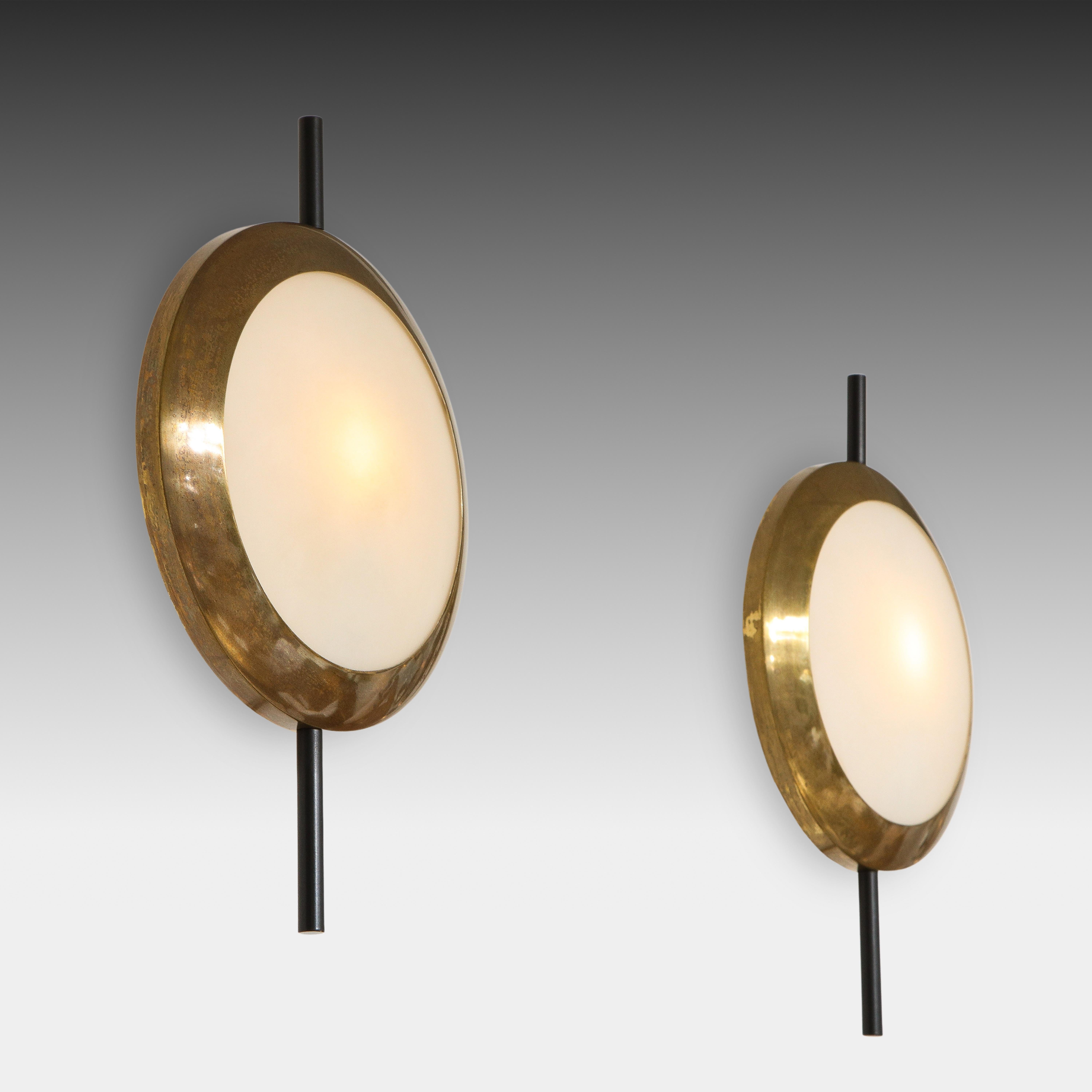 Italian Stilnovo Rare Pairs of Sconces in Brass and Opaline Glass, Italy, 1950s