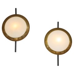 Stilnovo Pairs of Rare Sconces in Brass and Frosted Glass, Italy, 1950s