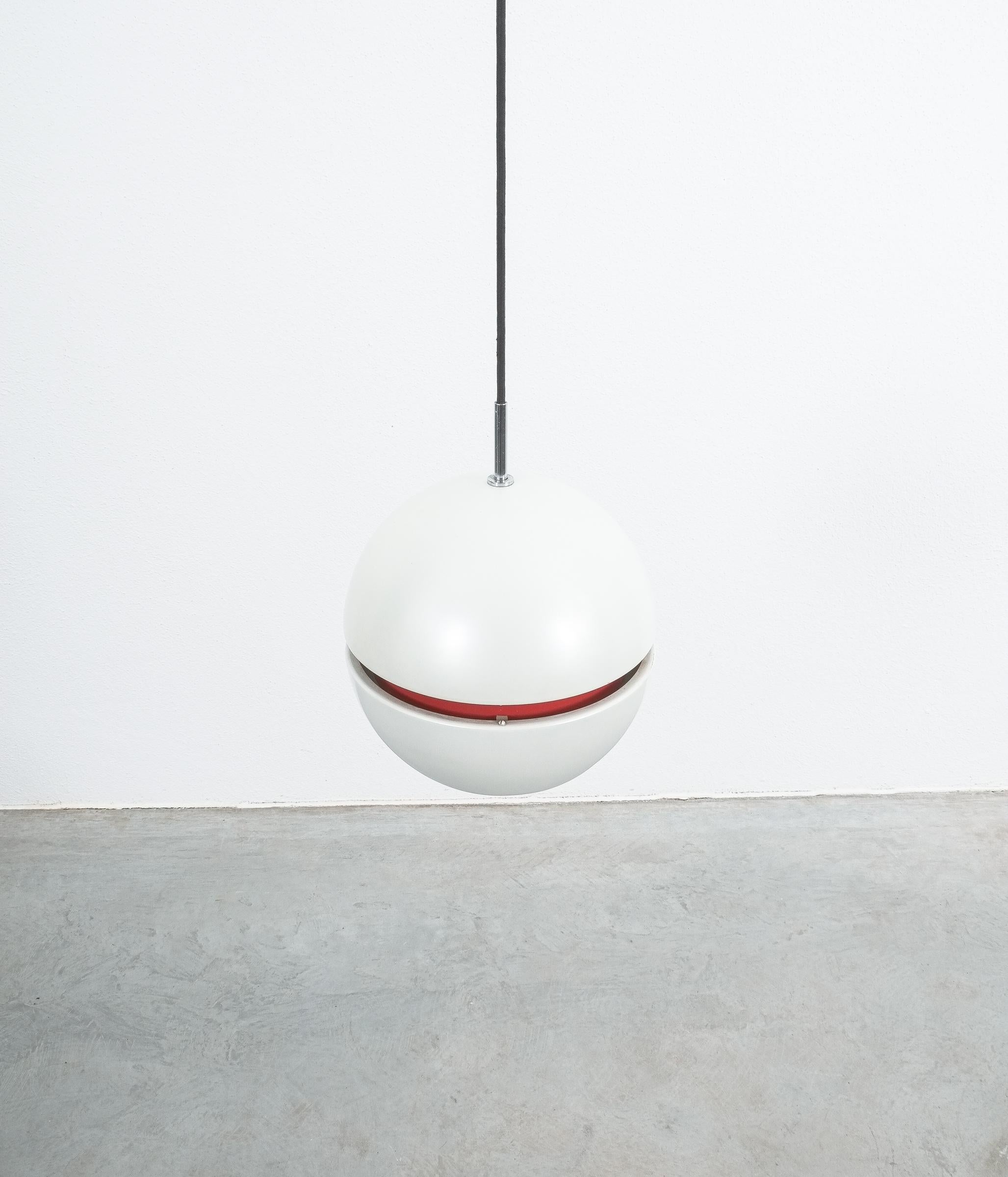 Italian Stilnovo Pearl White Red Globe Pendant Lamp, circa 1965 For Sale