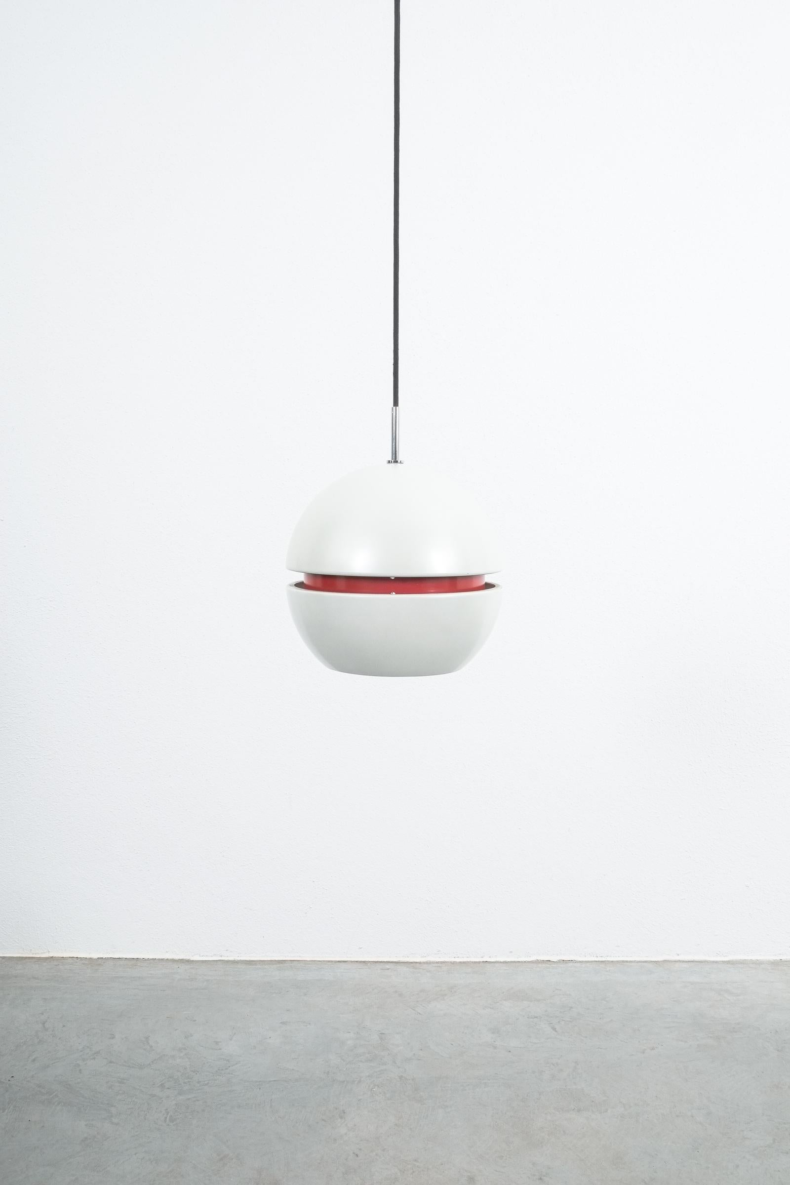 Enameled Stilnovo Pearl White Red Globe Pendant Lamp, circa 1965 For Sale