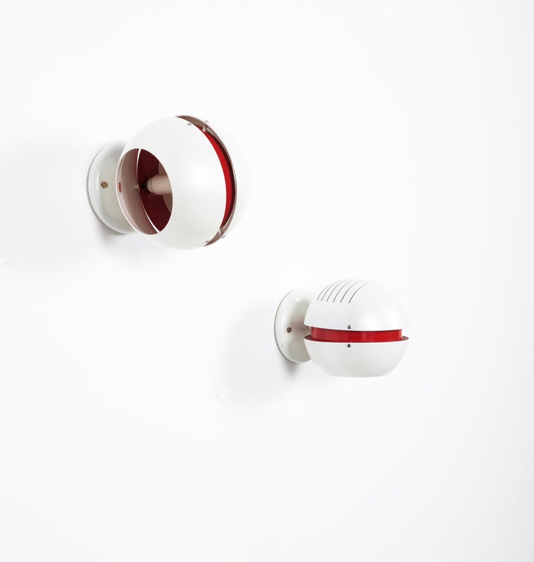 Mid-Century Modern Stilnovo Pearl White Red Globe Sconces, Mid Century For Sale