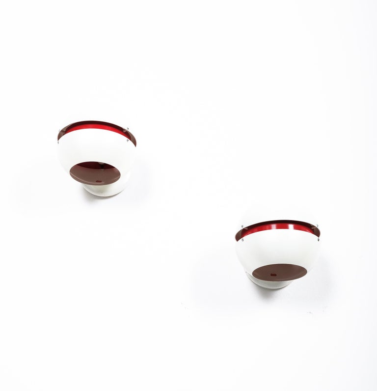 Aluminum Stilnovo Pearl White Red Globe Sconces, Mid Century For Sale