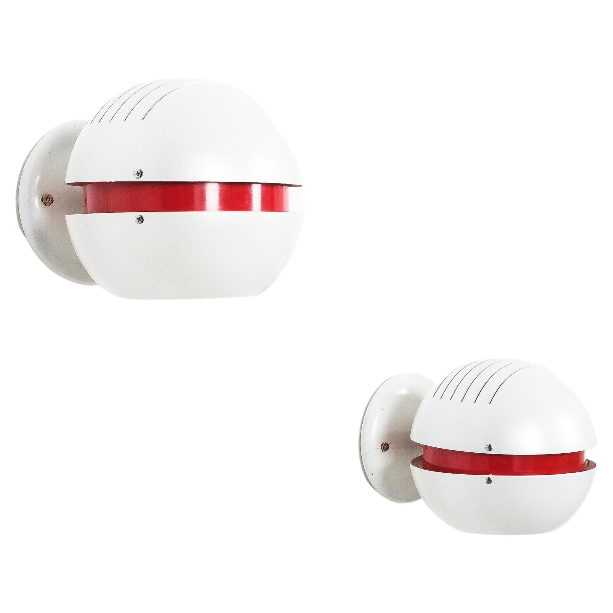 Stilnovo Pearl White Red Globe Sconces, Mid Century For Sale