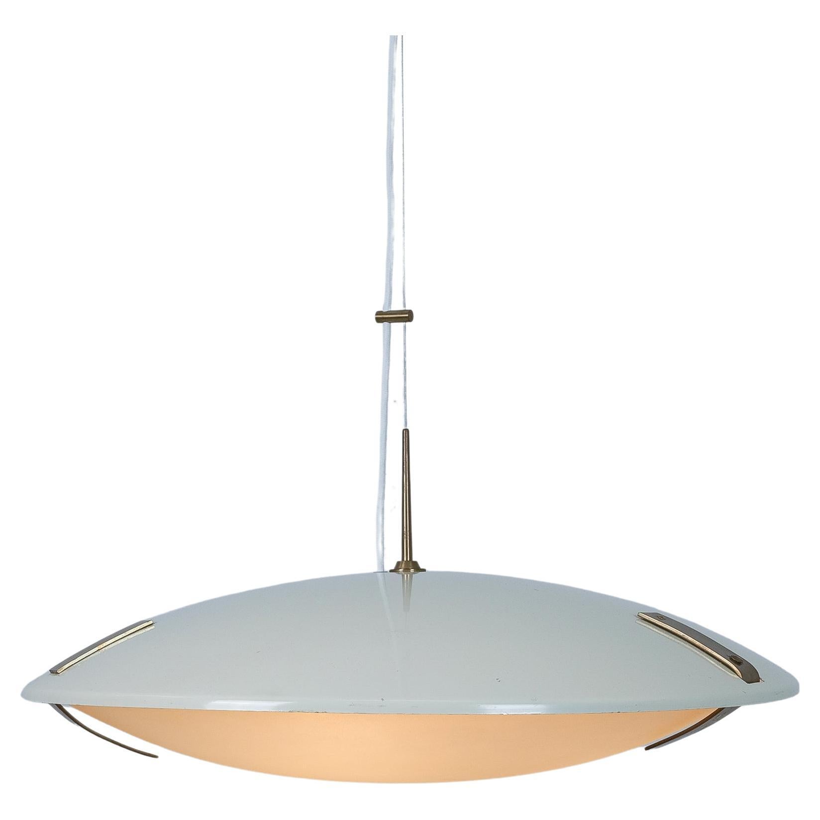 Stilnovo Pendant 1140 White Aluminium, Brass And Glass, Italy 1960