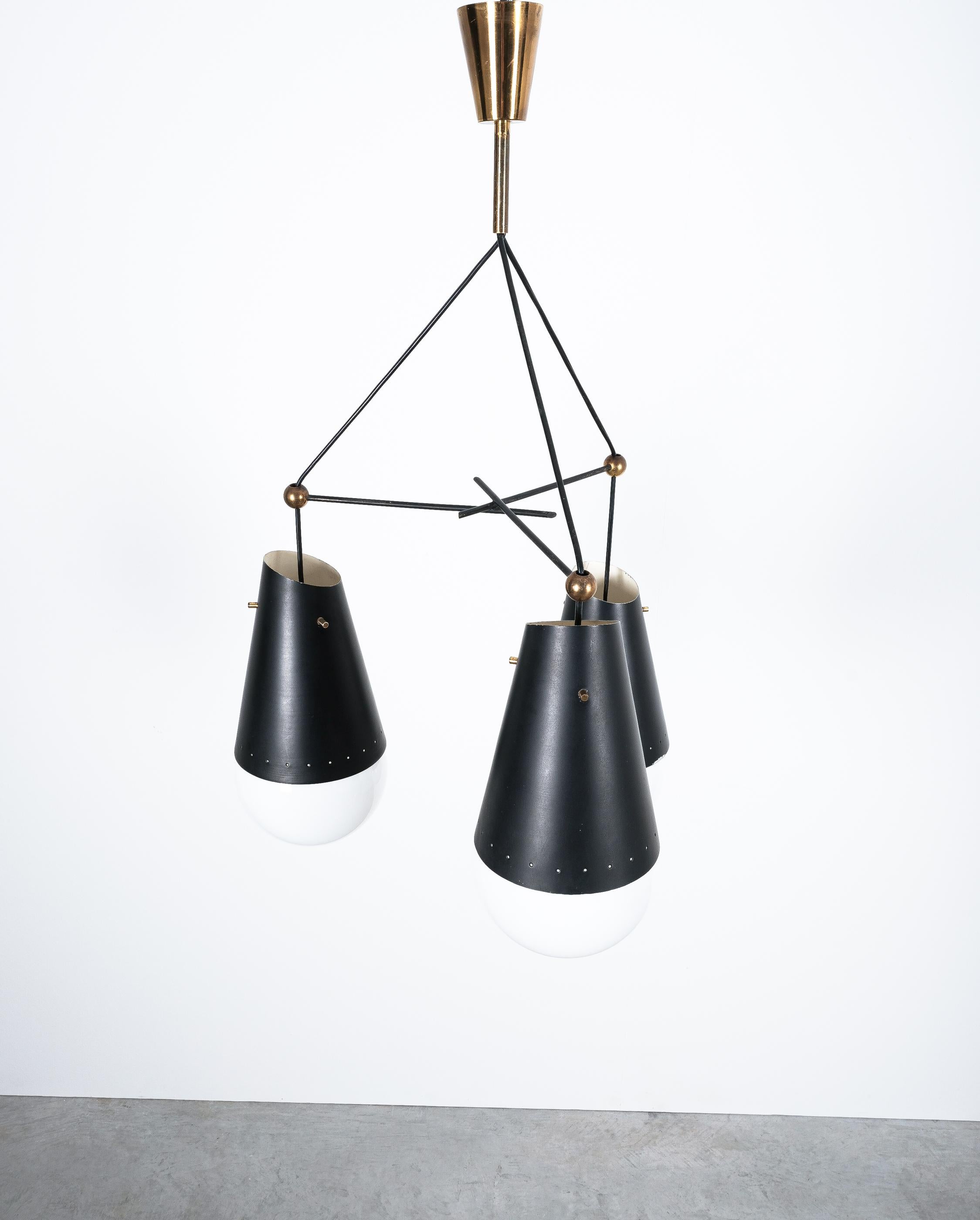 Mid-20th Century Stilnovo Pendant Chandelier Lamp Black Opal Glass, Mid-Century Modern, Italy