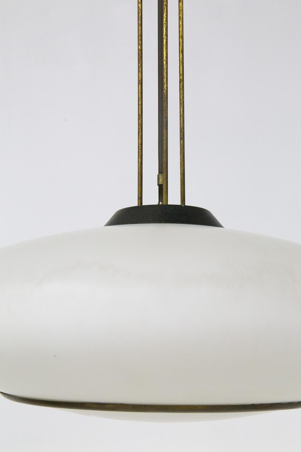 Stilnovo Pendant in Brass, Opalin Glass and Aluminum In Good Condition For Sale In Milano, IT