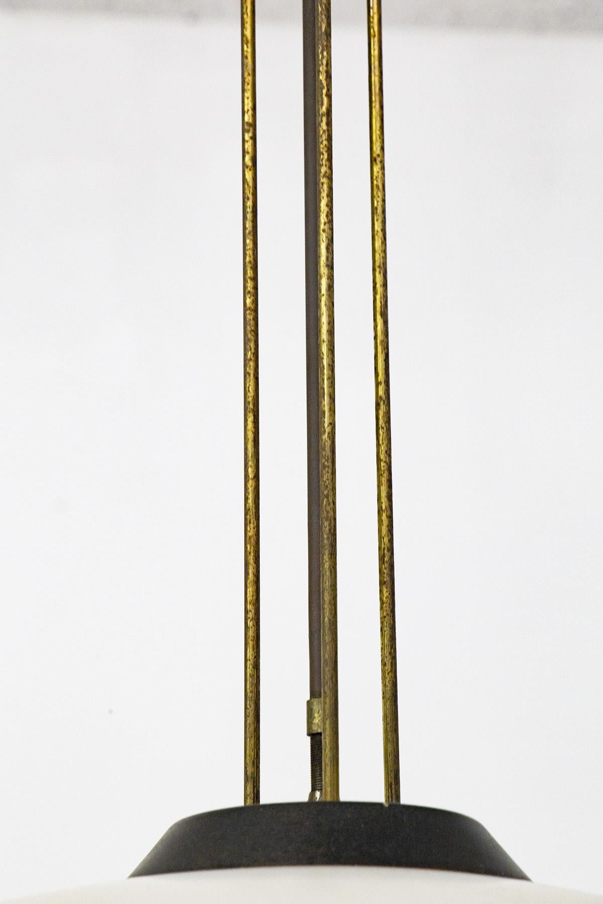 Stilnovo Pendant in Brass, Opalin Glass and Aluminum For Sale 1