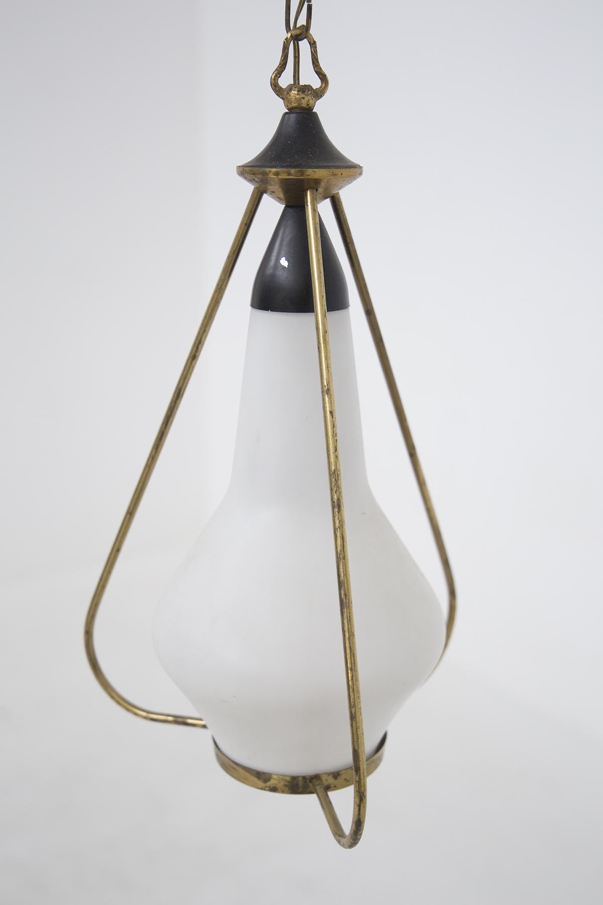 Stilnovo Pendant in Opaline Glass and Brass In Good Condition In Milano, IT