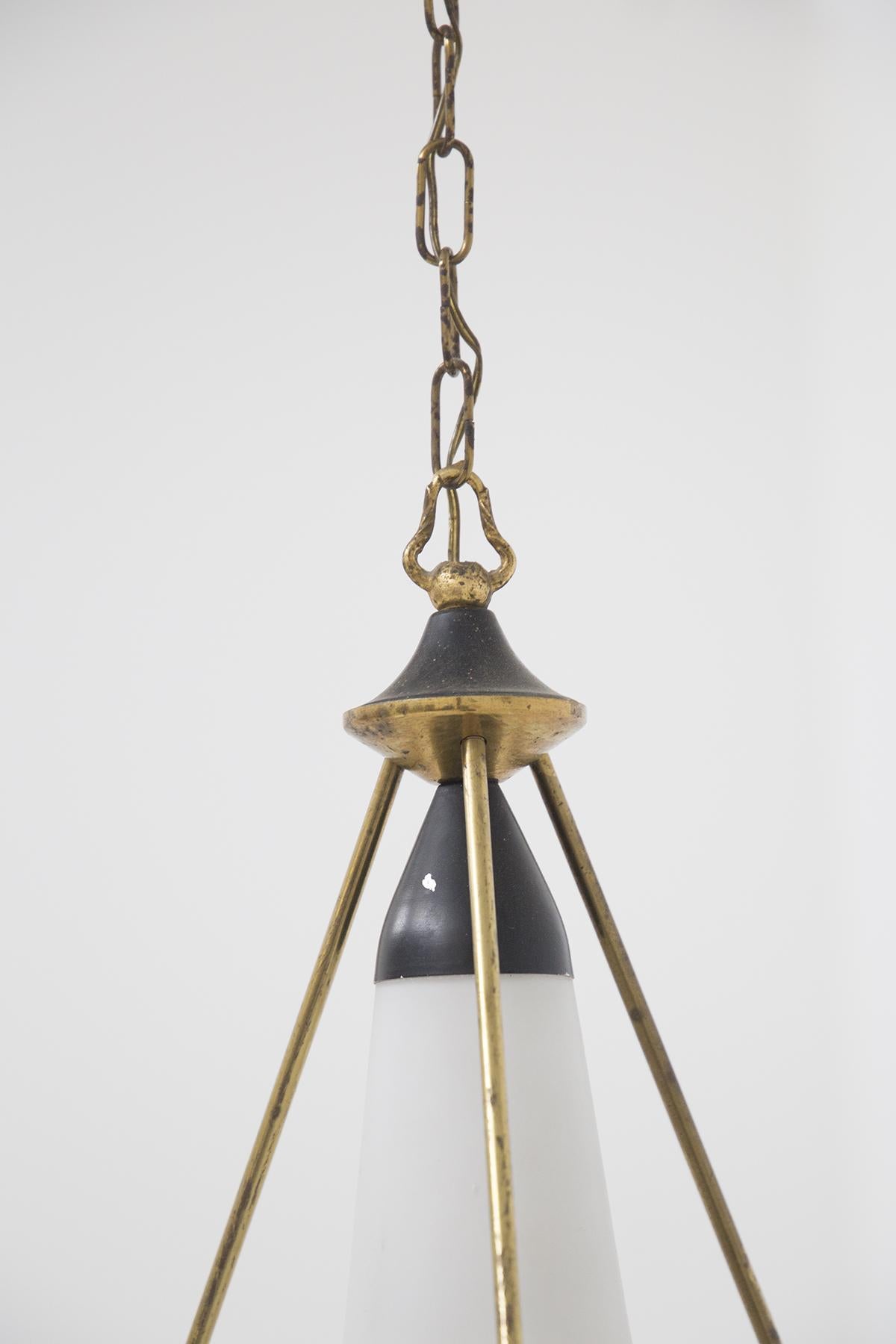 Mid-Century Modern Stilnovo Pendant in Opaline Glass Brass For Sale