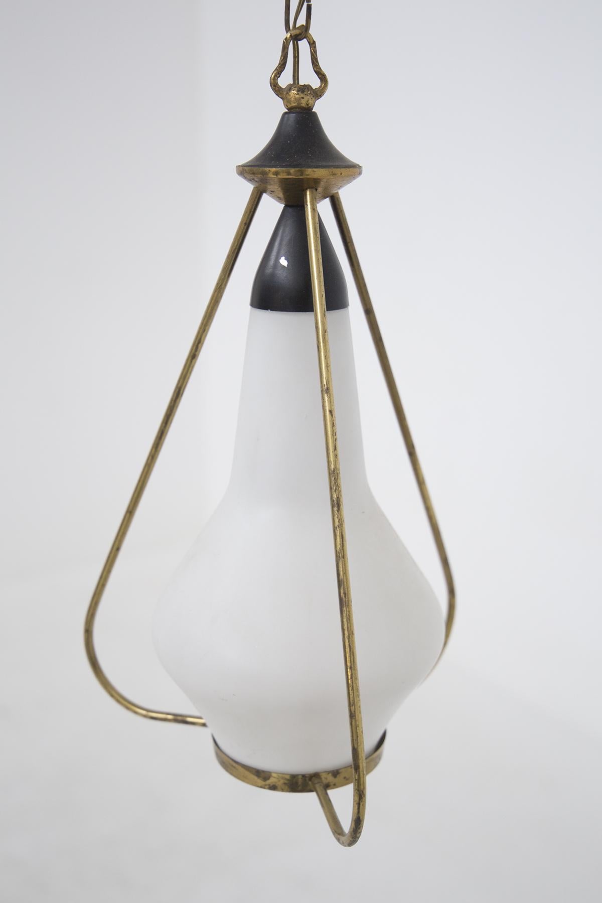 Mid-20th Century Stilnovo Pendant in Opaline Glass Brass For Sale