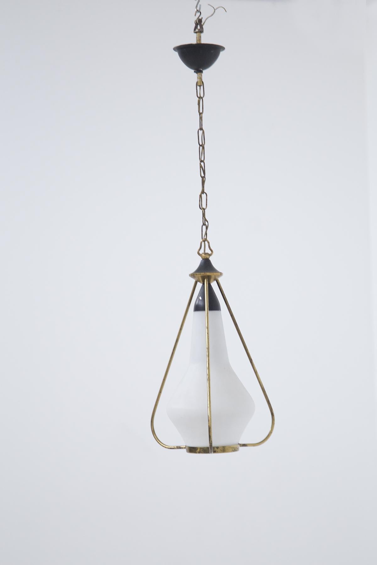Aluminum Stilnovo Pendant in Opaline Glass Brass For Sale