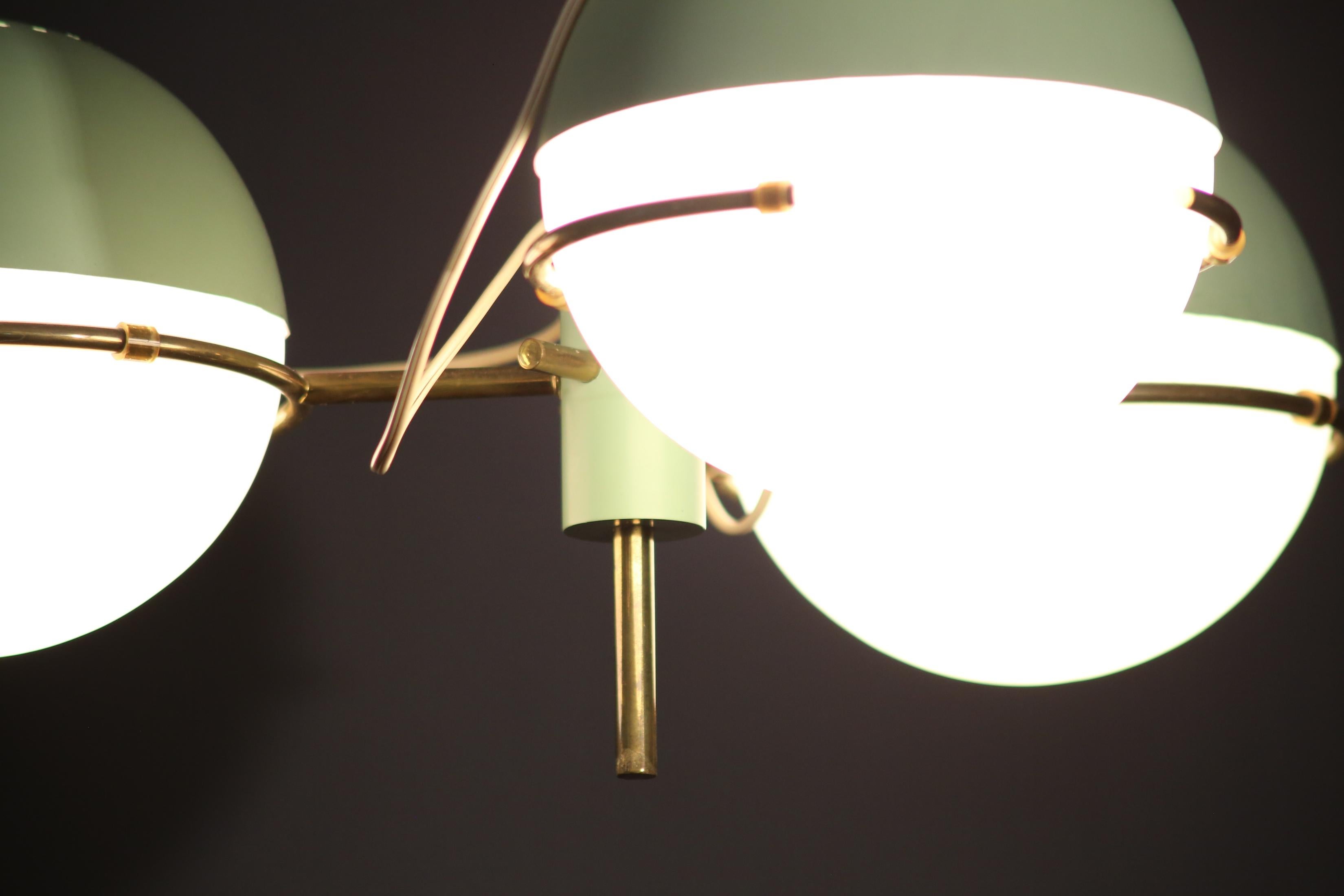 Other Stilnovo Pendant lamp with three brass and opaline glass lights from the 1950s. For Sale