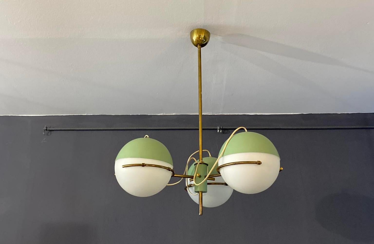 20th Century Stilnovo Pendant lamp with three brass and opaline glass lights from the 1950s. For Sale