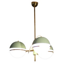 Vintage Stilnovo Pendant lamp with three brass and opaline glass lights from the 1950s.
