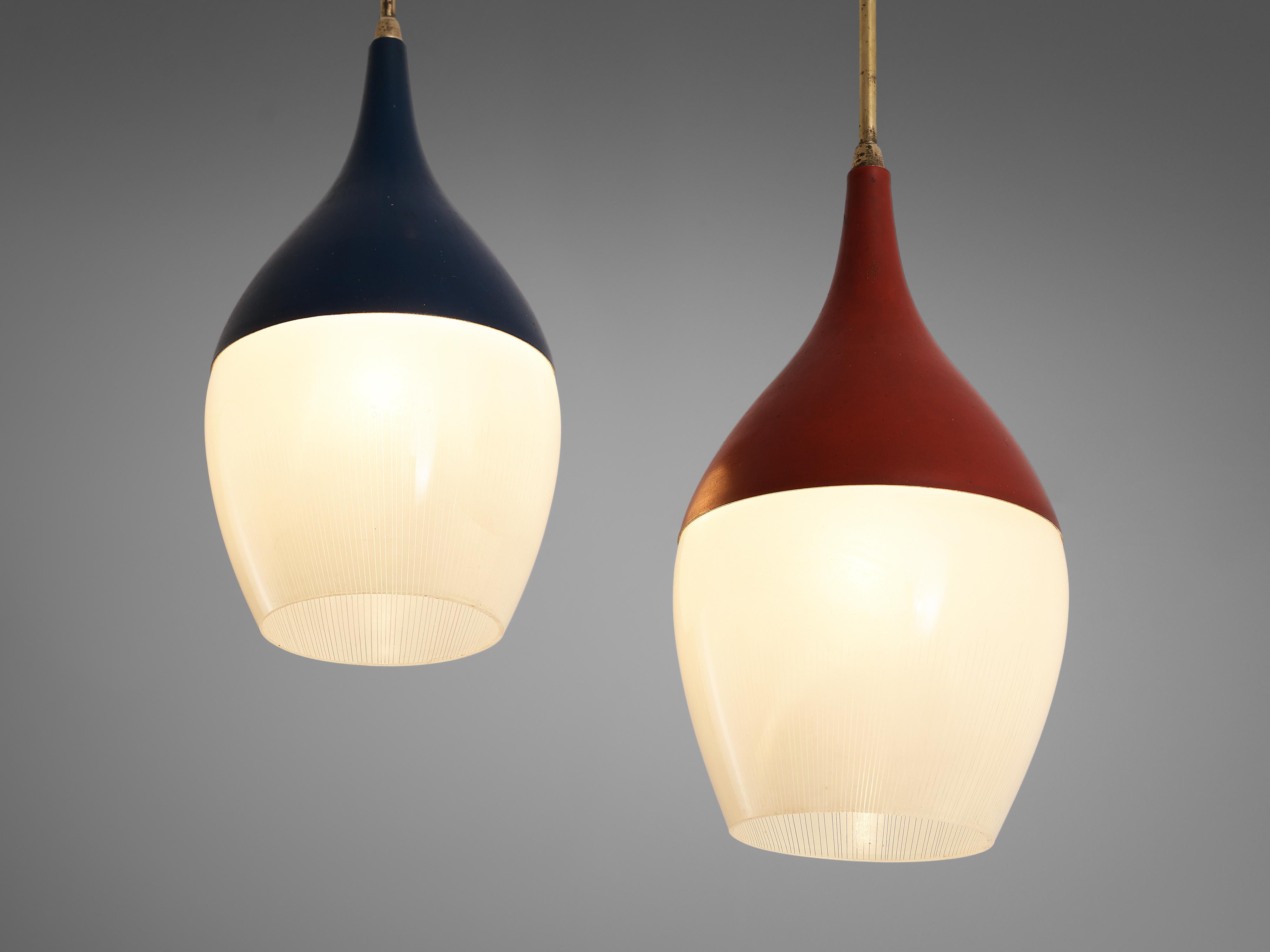 Mid-Century Modern Stilnovo Italian Pendants with Two Shades in Glass and Colorful Metal 