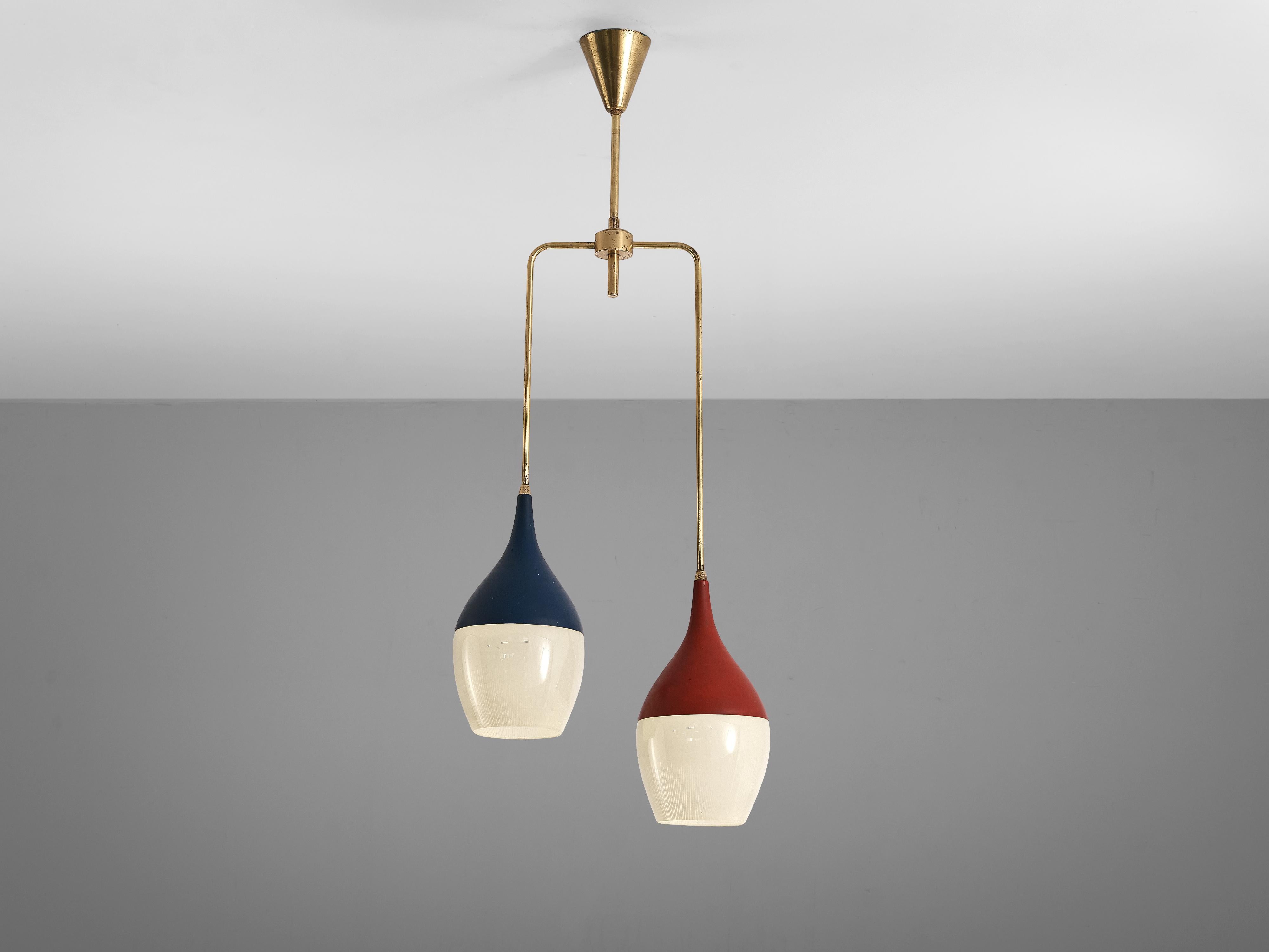 Stilnovo Italian Pendants with Two Shades in Glass and Colorful Metal  In Good Condition In Waalwijk, NL