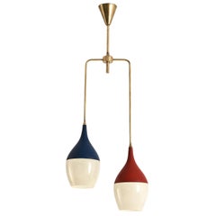 Stilnovo Italian Pendants with Two Shades in Glass and Colorful Metal 