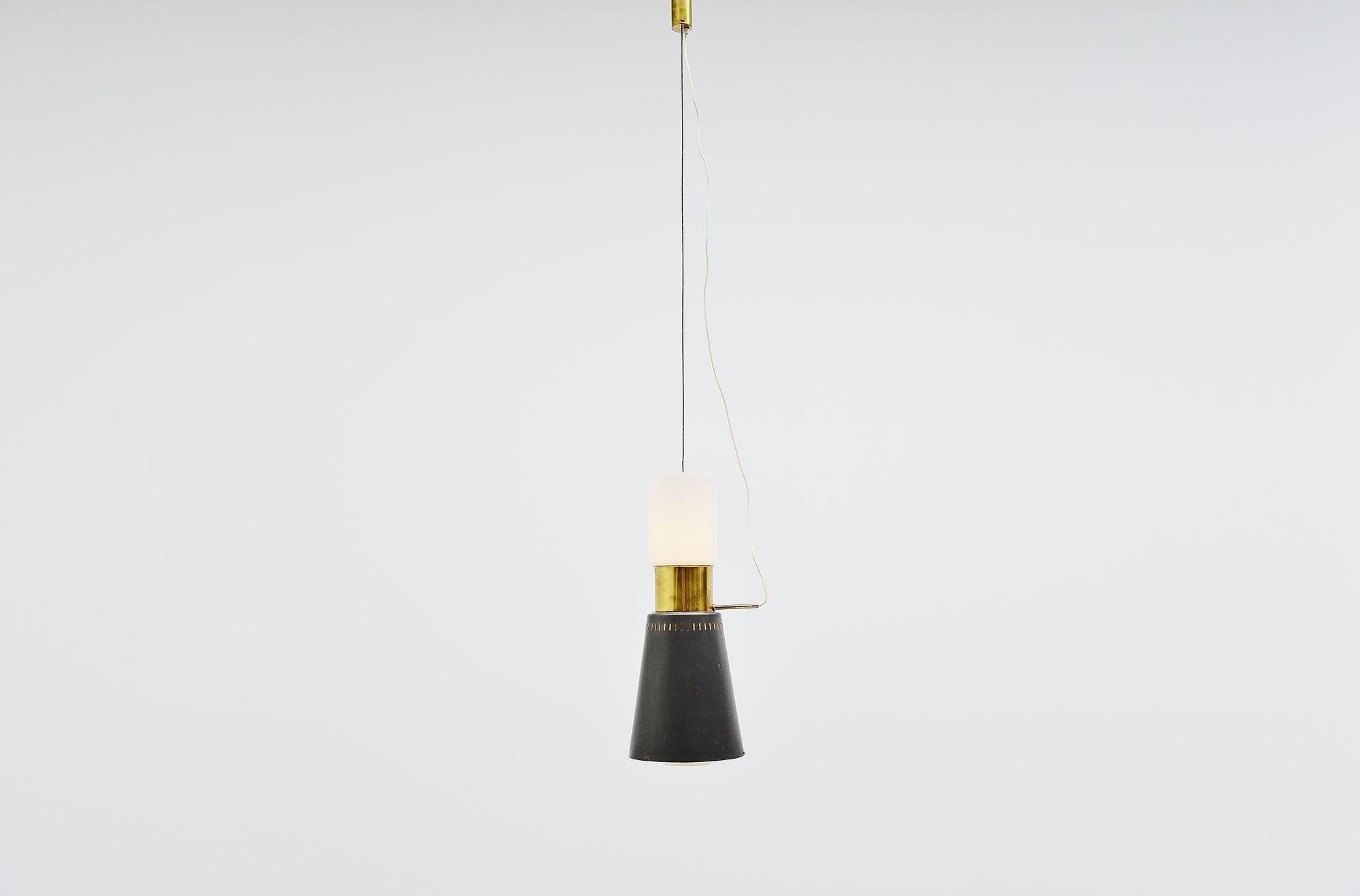 Very nice and impressive large pendant lamp designed and manufactured by Stilnovo, Italy, 1950. This is for a very nice modernist shaped pendant lamp with conical shaped shade with brass, painted metal and glass diffuser shade. A very nice detail is