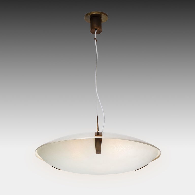 Enameled Stilnovo Pendant Light Model 1140 in Aluminum, Brass and Glass, Italy, 1960s For Sale